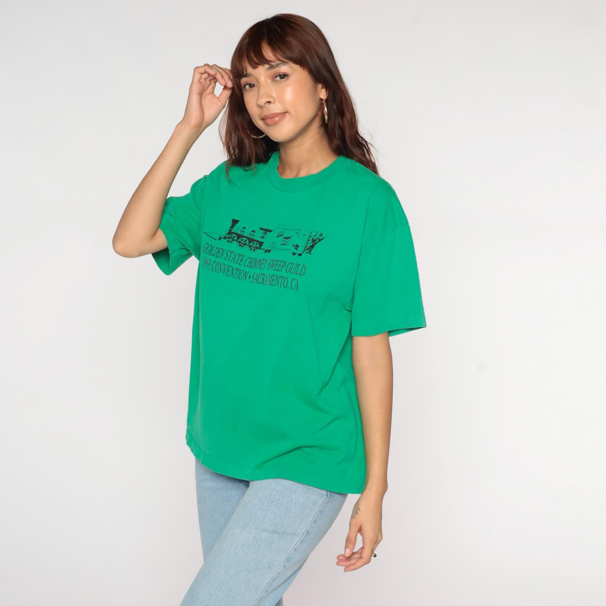 90s Chimney Sweep Guild Convention Graphic Tee Green Train Print Extra Large