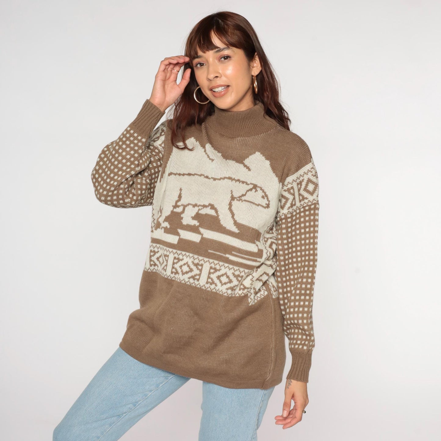 80s Polar Bear Graphic Sweater Brown Mock Neck Pullover Knit Medium