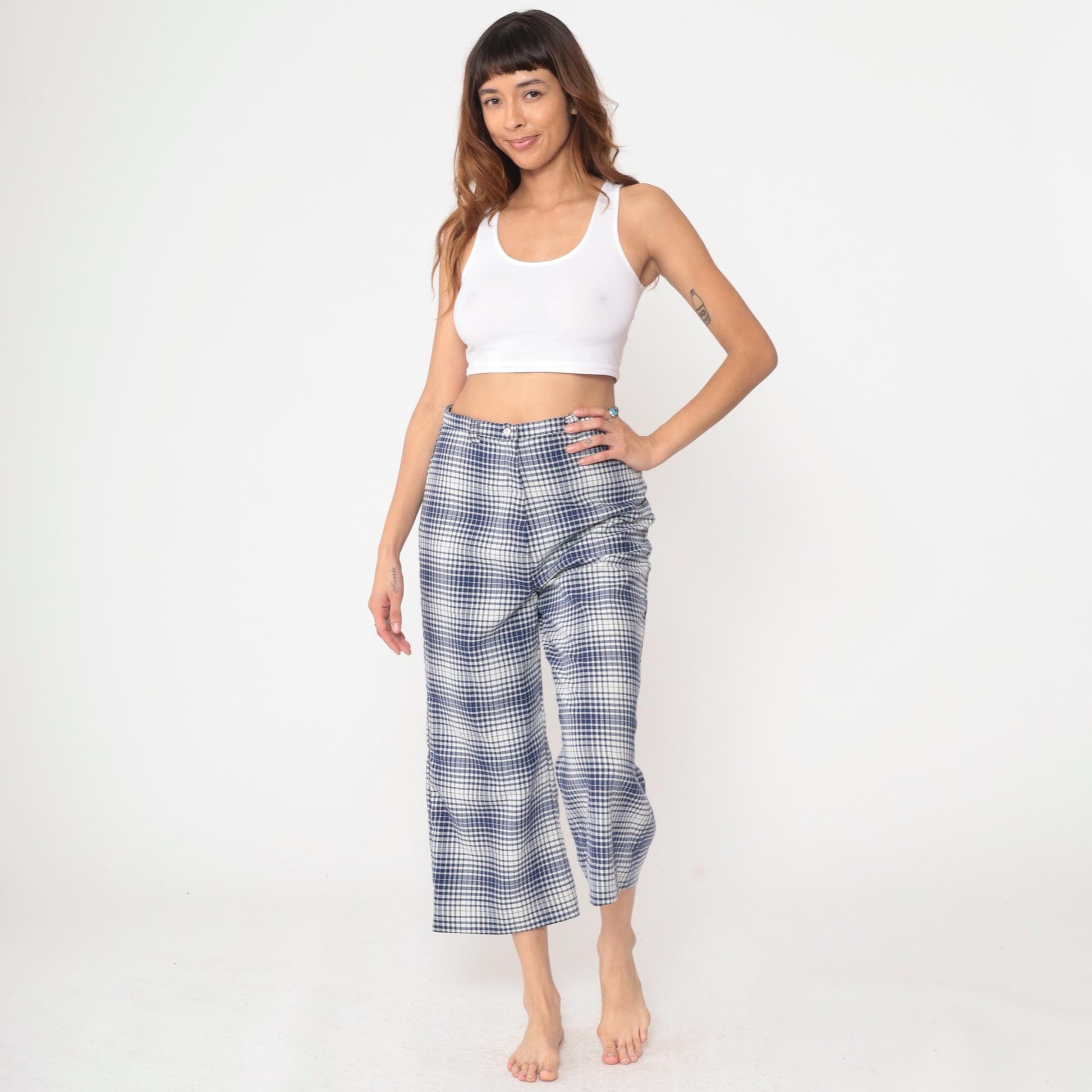 70s Jantzen Gingham Pants Blue White Checkered High Waisted Wide Leg Cropped Medium