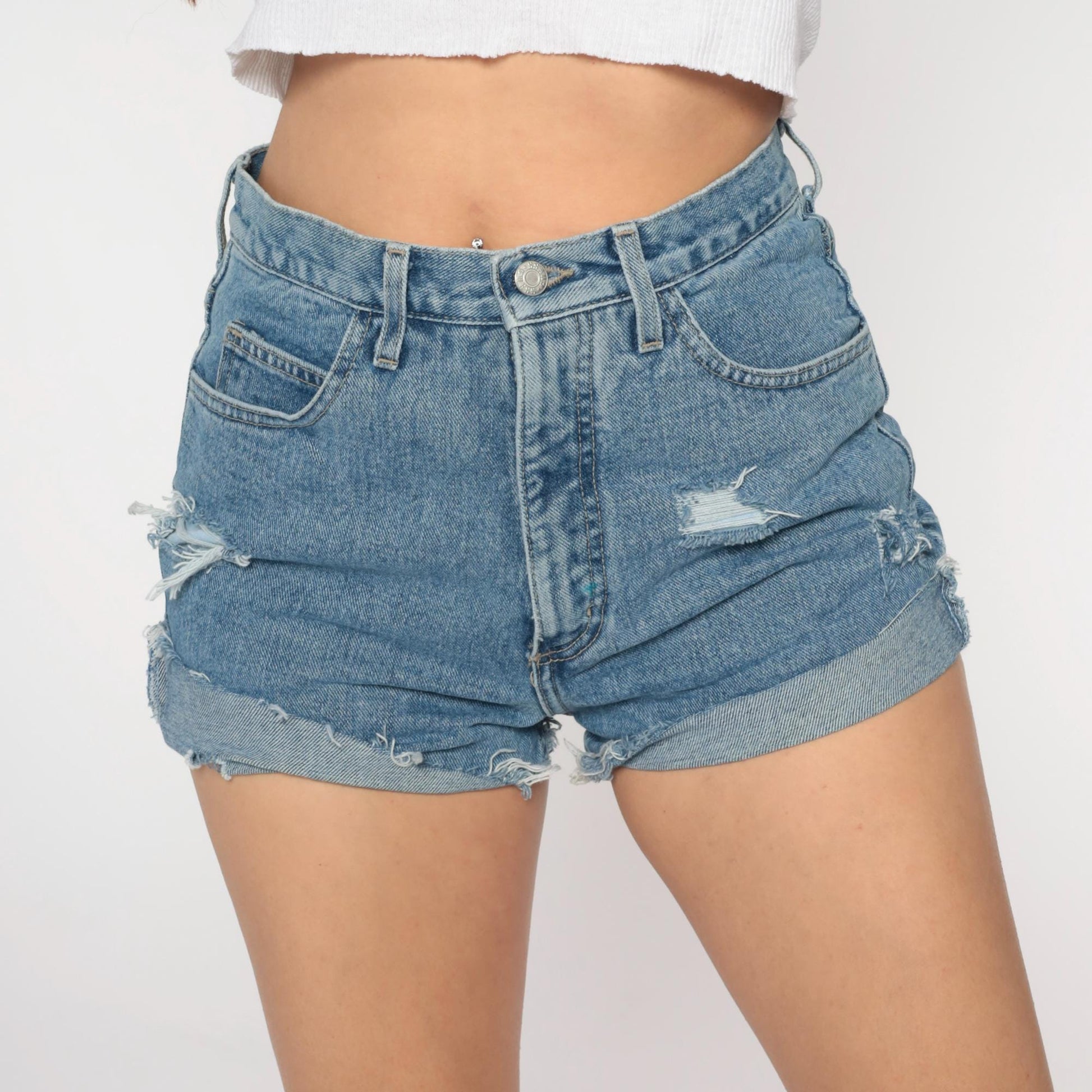 90s Guess Denim Cutoff Shorts High Waisted Distressed Blue Medium
