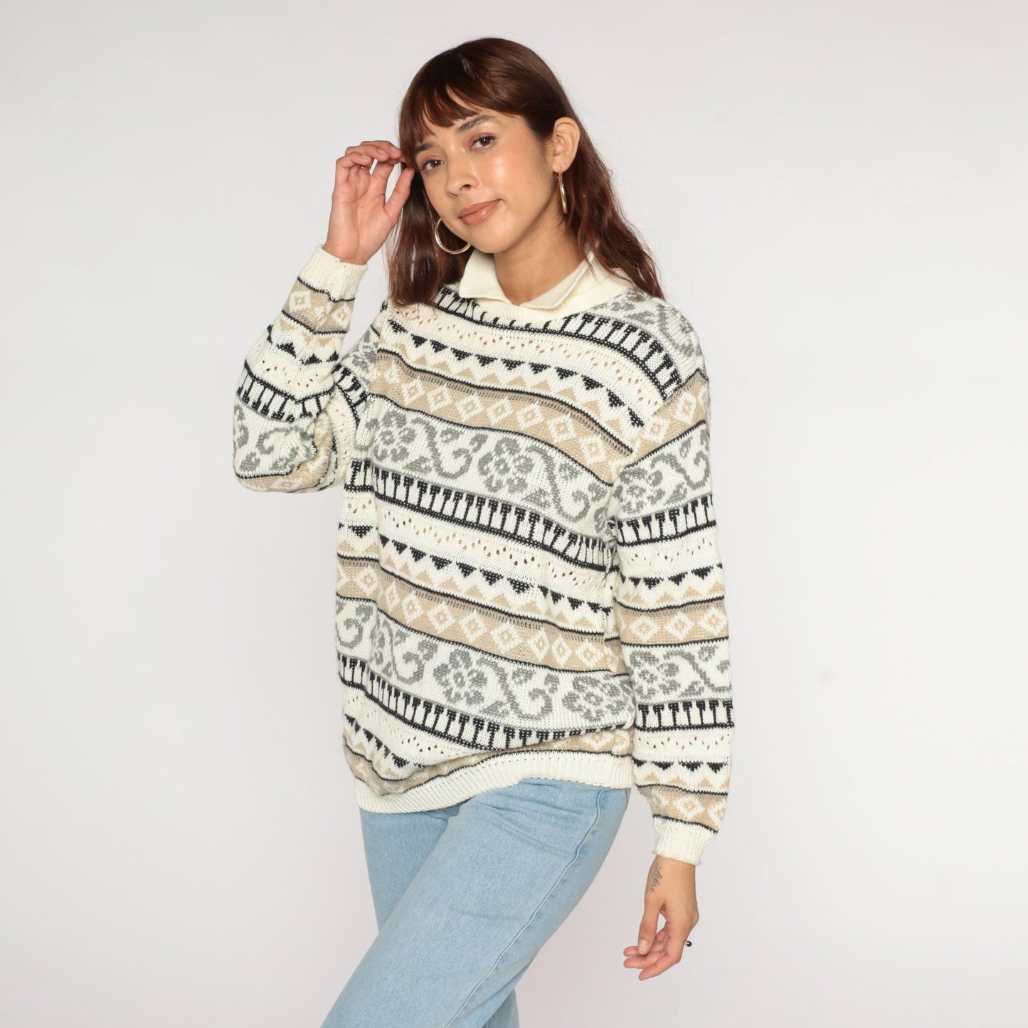 90s Alfred Dunner Geometric Floral Cream Collared Knit Sweater Medium M
