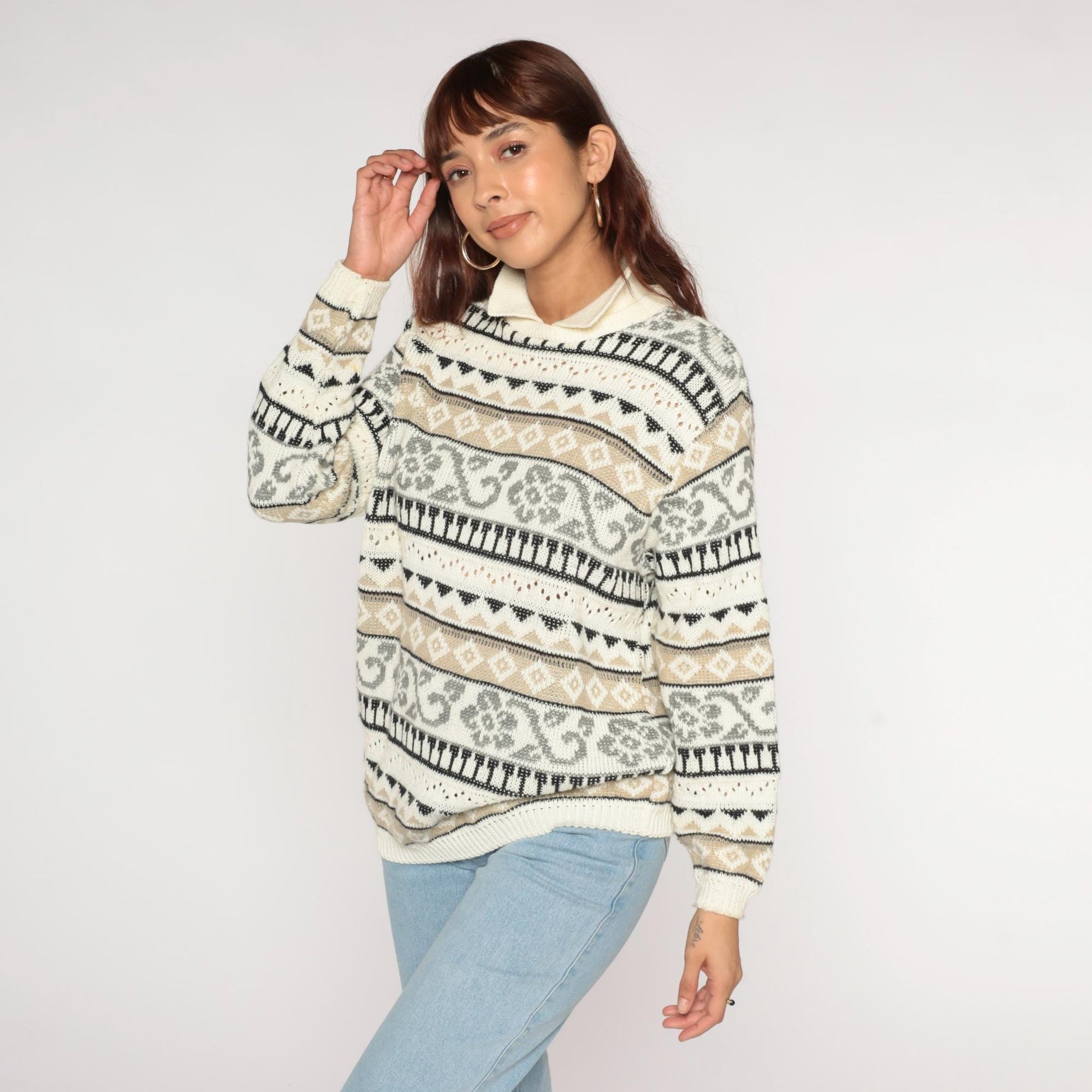 90s Alfred Dunner Geometric Floral Cream Collared Knit Sweater Medium M