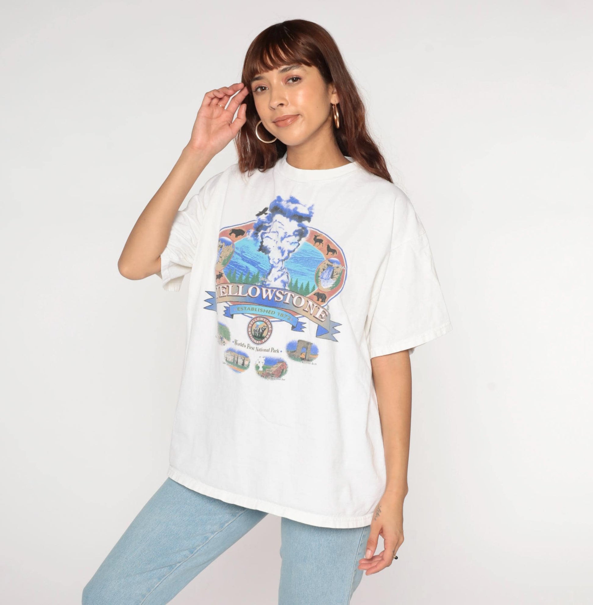 90s Yellowstone National Park Old Faithful Graphic T-Shirt White Cotton Extra Large