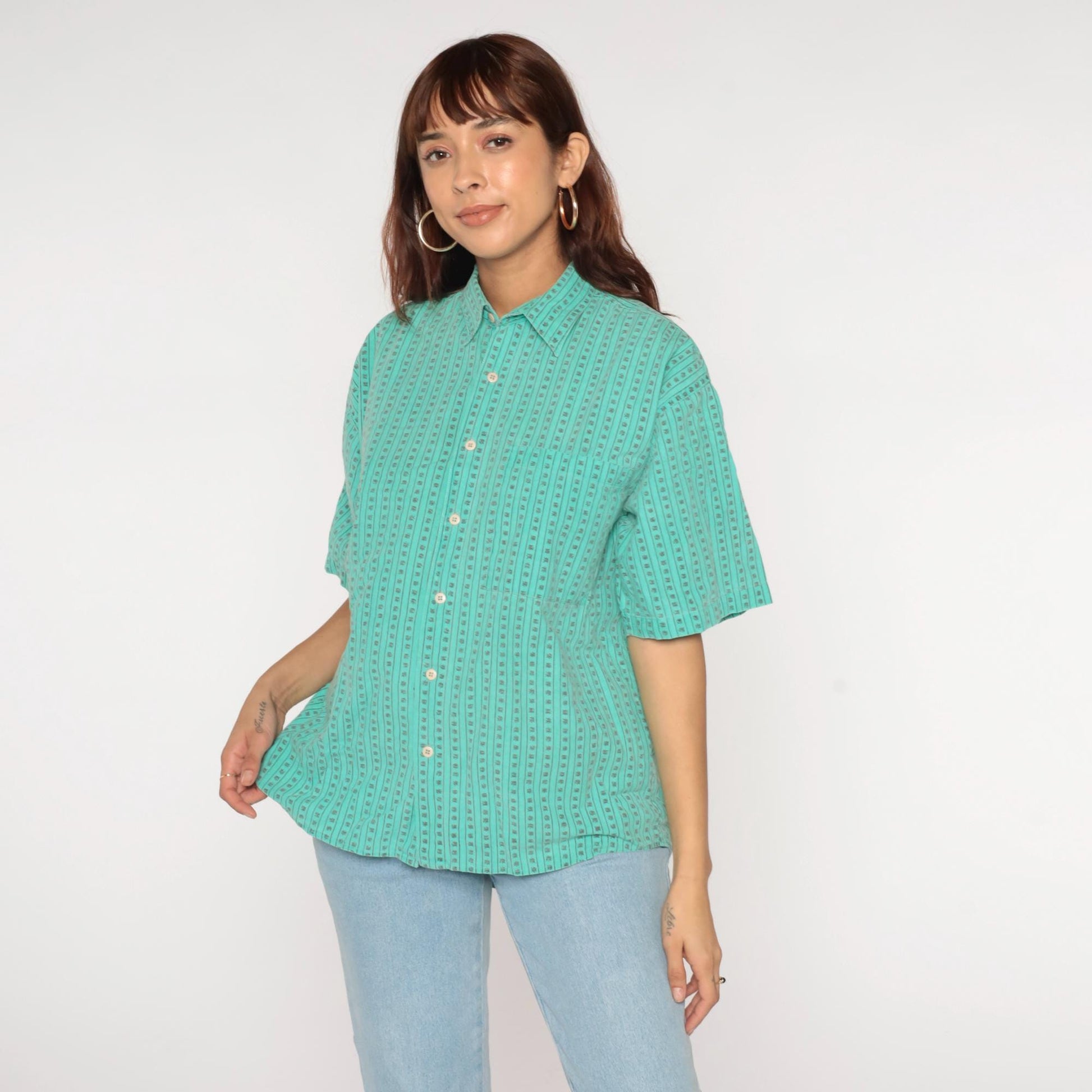 90s Green Striped Stamp Print Button-Up Shirt Boxy Fit Medium