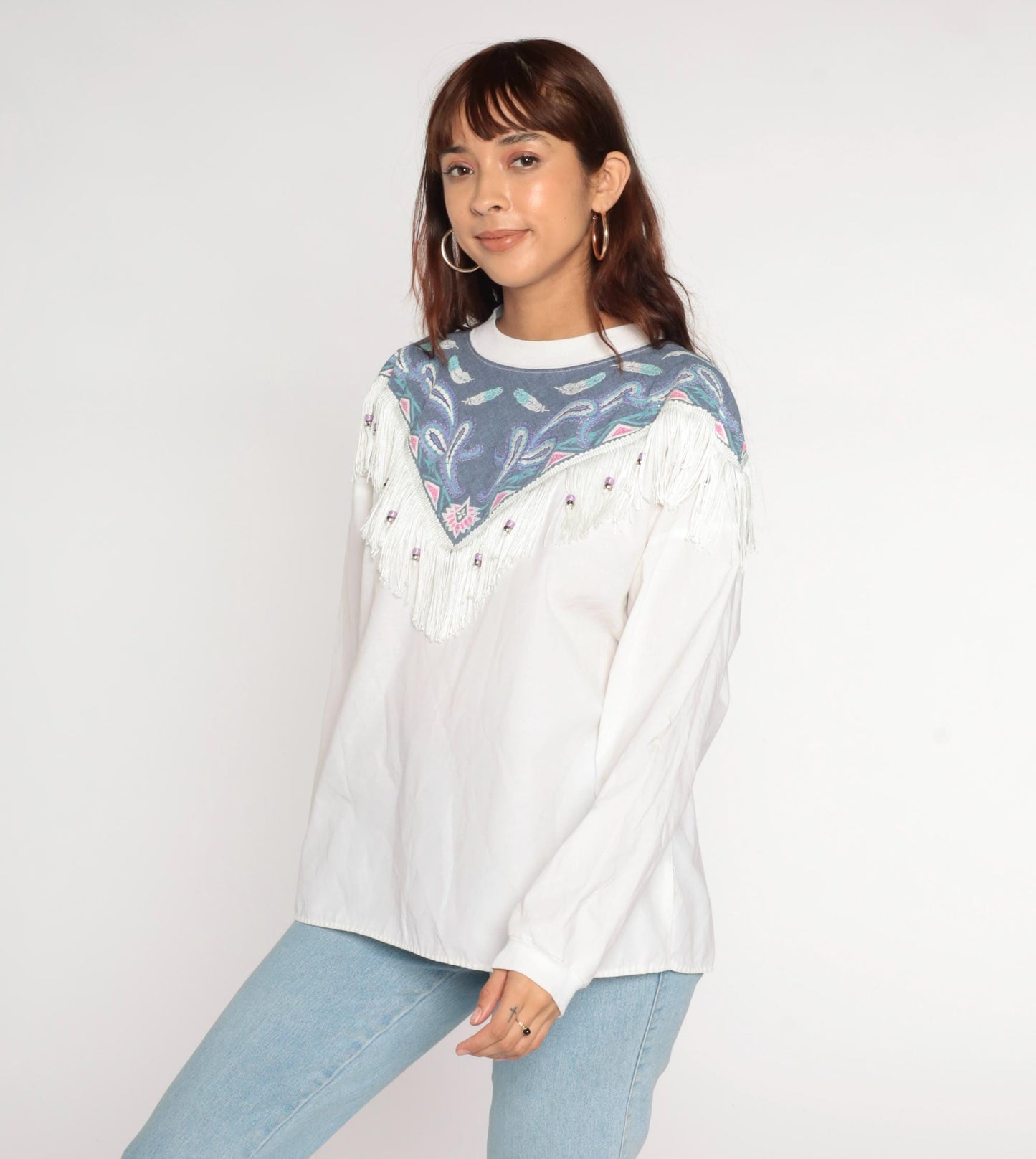 90s Southwest Fringe Long Sleeve T-Shirt White Beaded Yoke Paisley Large