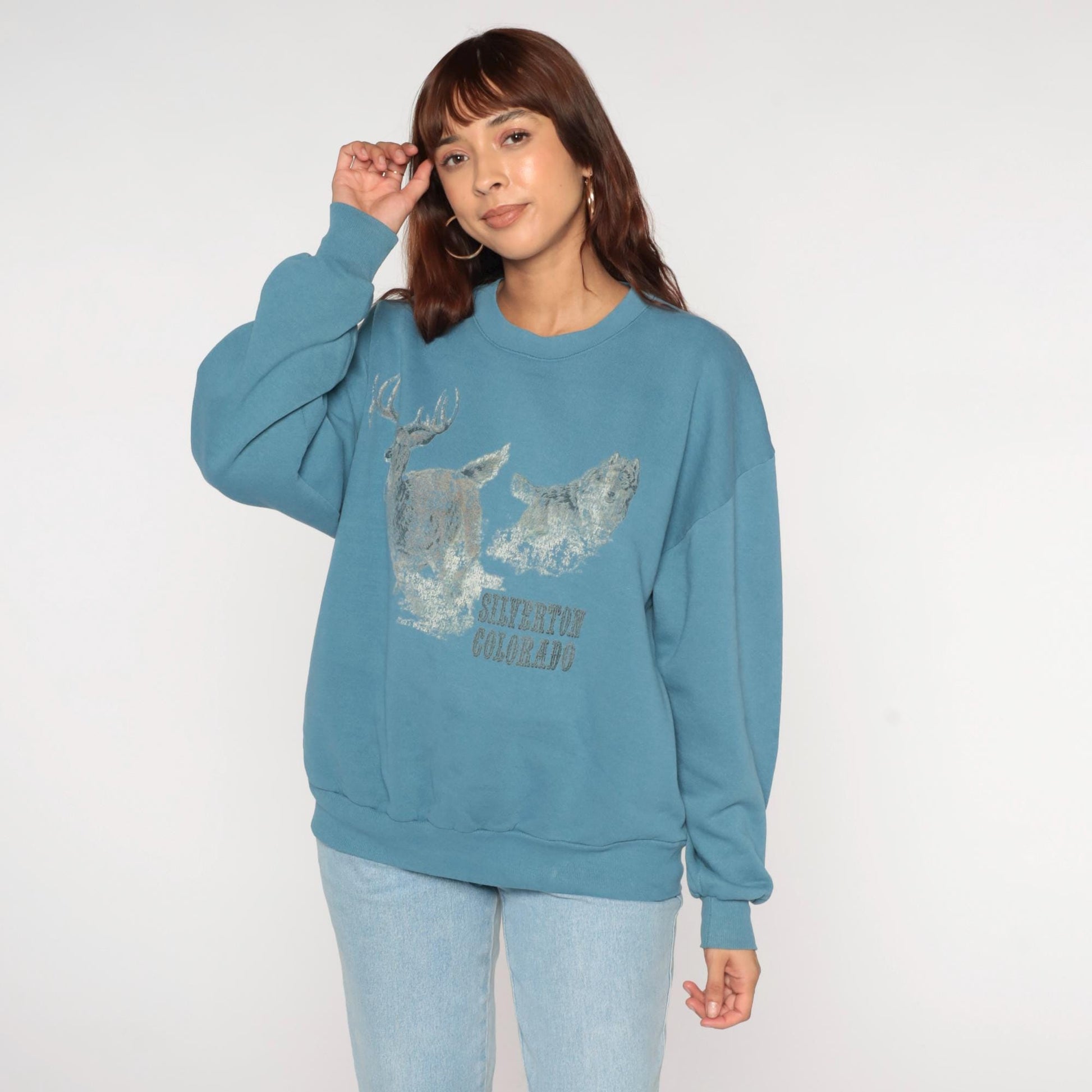 90s Silverton Colorado Wolf Deer Graphic Sweatshirt Blue Crewneck Extra Large