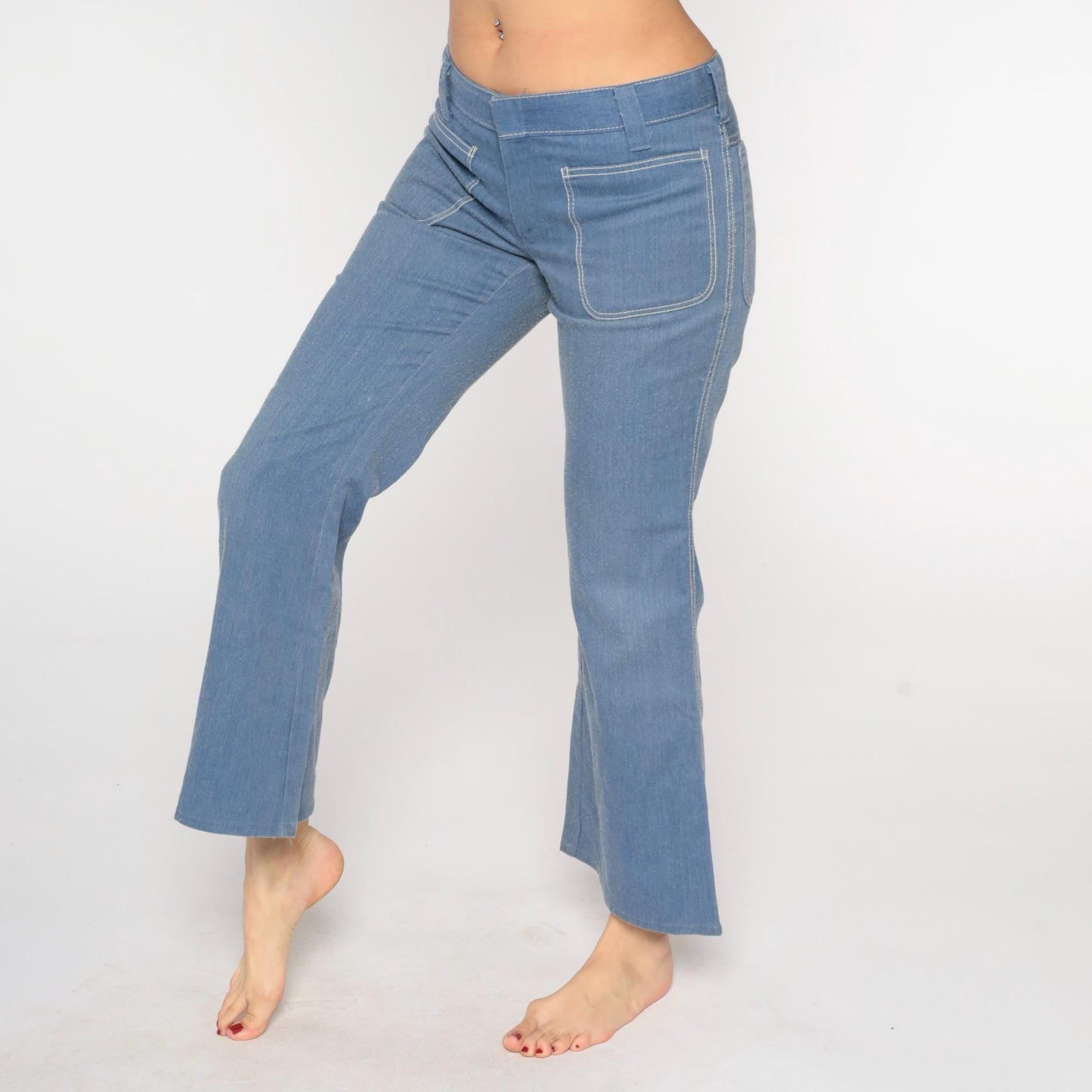 70s Blue Twill Bell Bottom Pants Mid Rise Flared Trousers Men's Medium