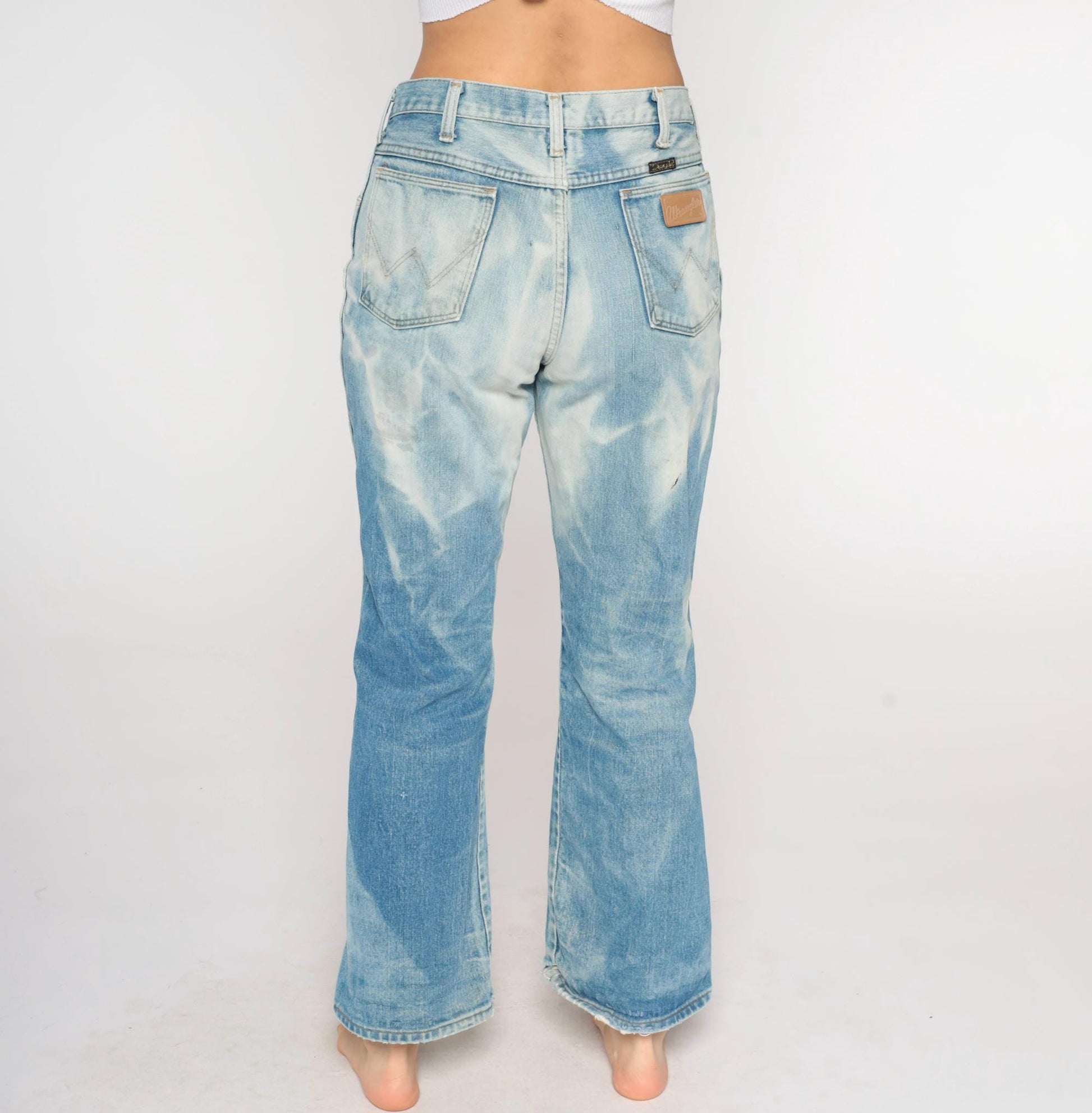 80s Wrangler Flared Jeans High Waist Bleached Distressed Blue 30