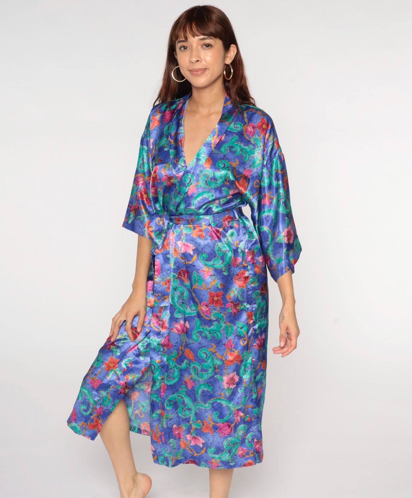 90s Purple Floral Satin Midi Robe Wrap Front Tie Belt Large