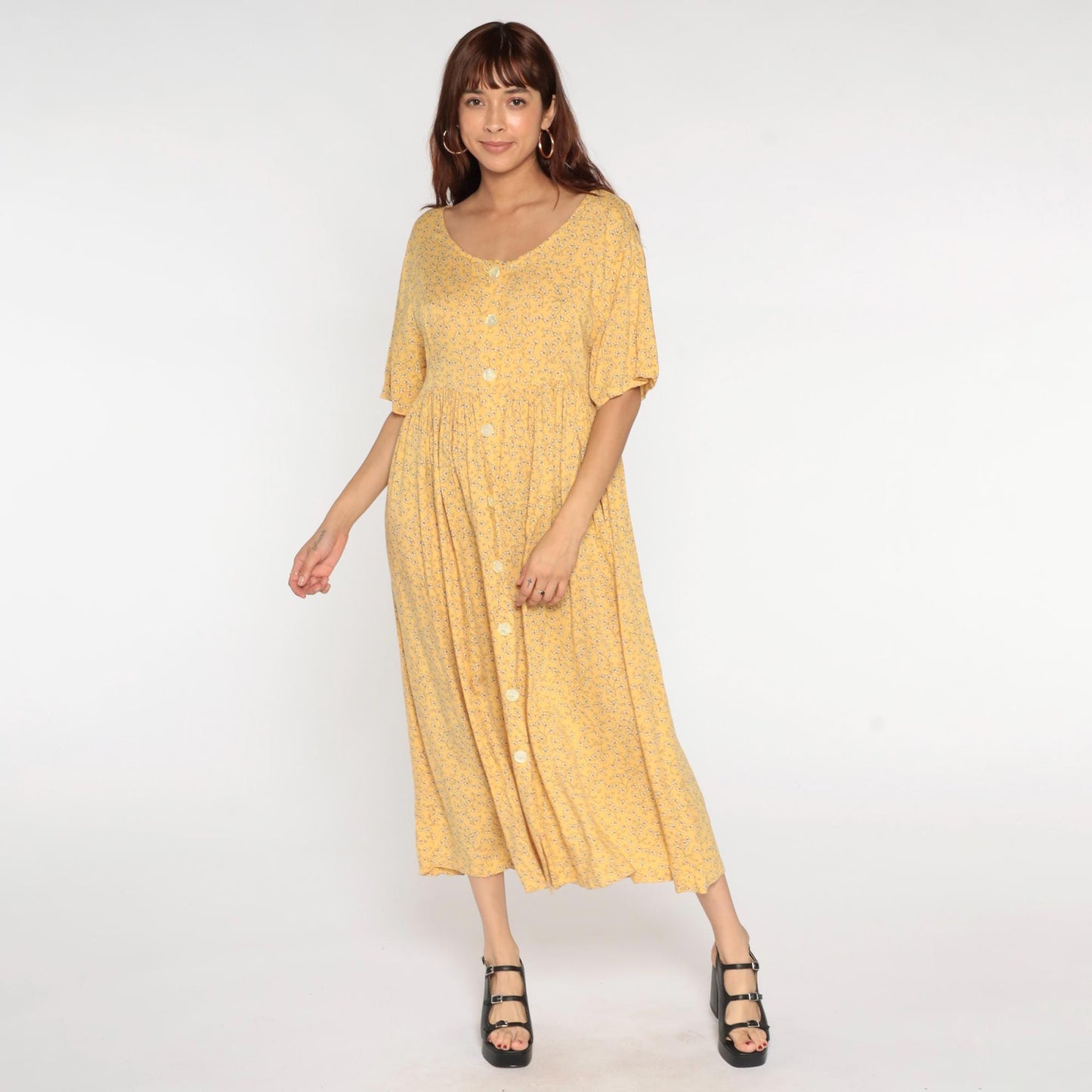 90s Yellow Floral Button-Up Shirtdress Rayon Maxi Ankle Length Medium