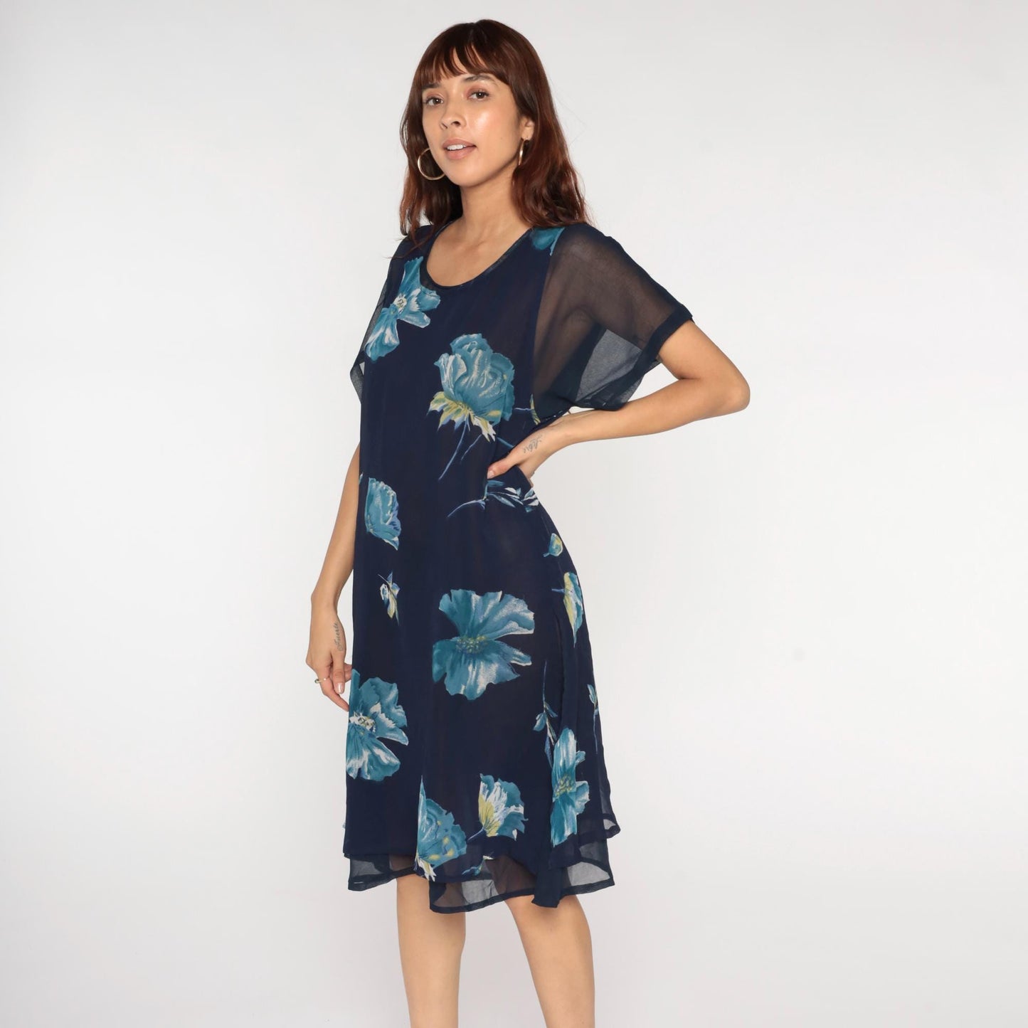 90s Navy Floral Chiffon Dress Short Sleeve Knee Length Large L