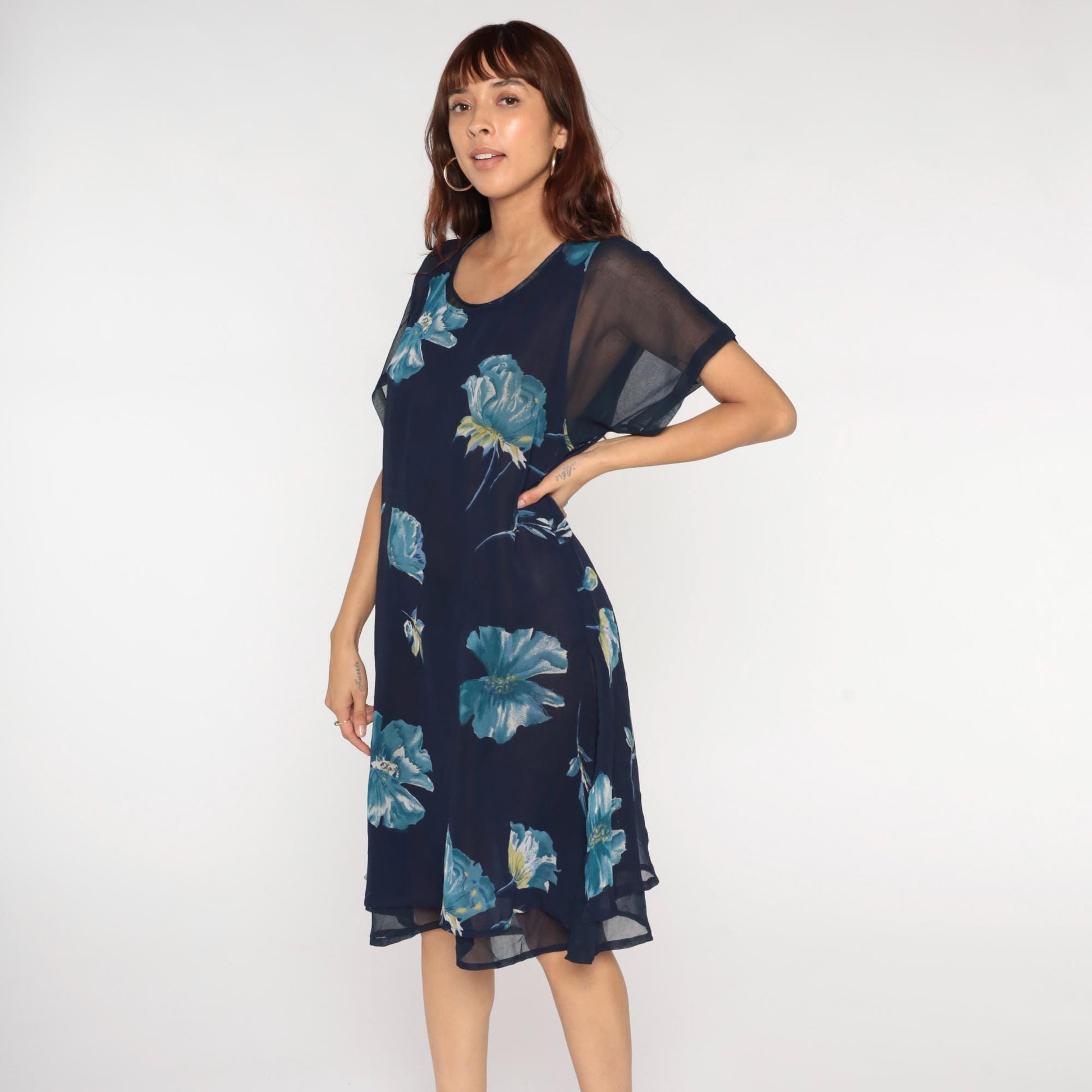90s Navy Floral Chiffon Dress Short Sleeve Knee Length Large L