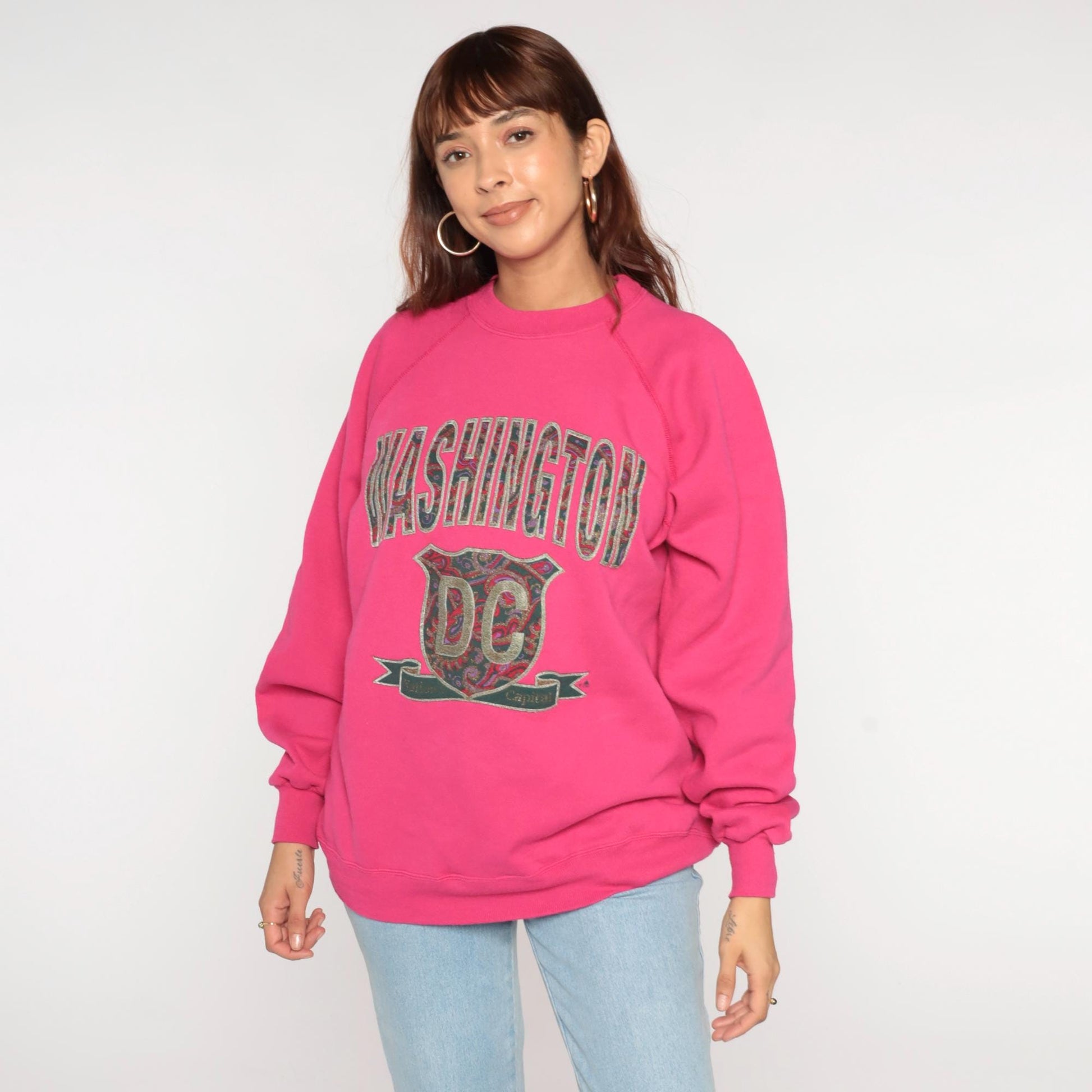 90s Washington DC Hot Pink Glittery Raglan Sweatshirt Crewneck Large