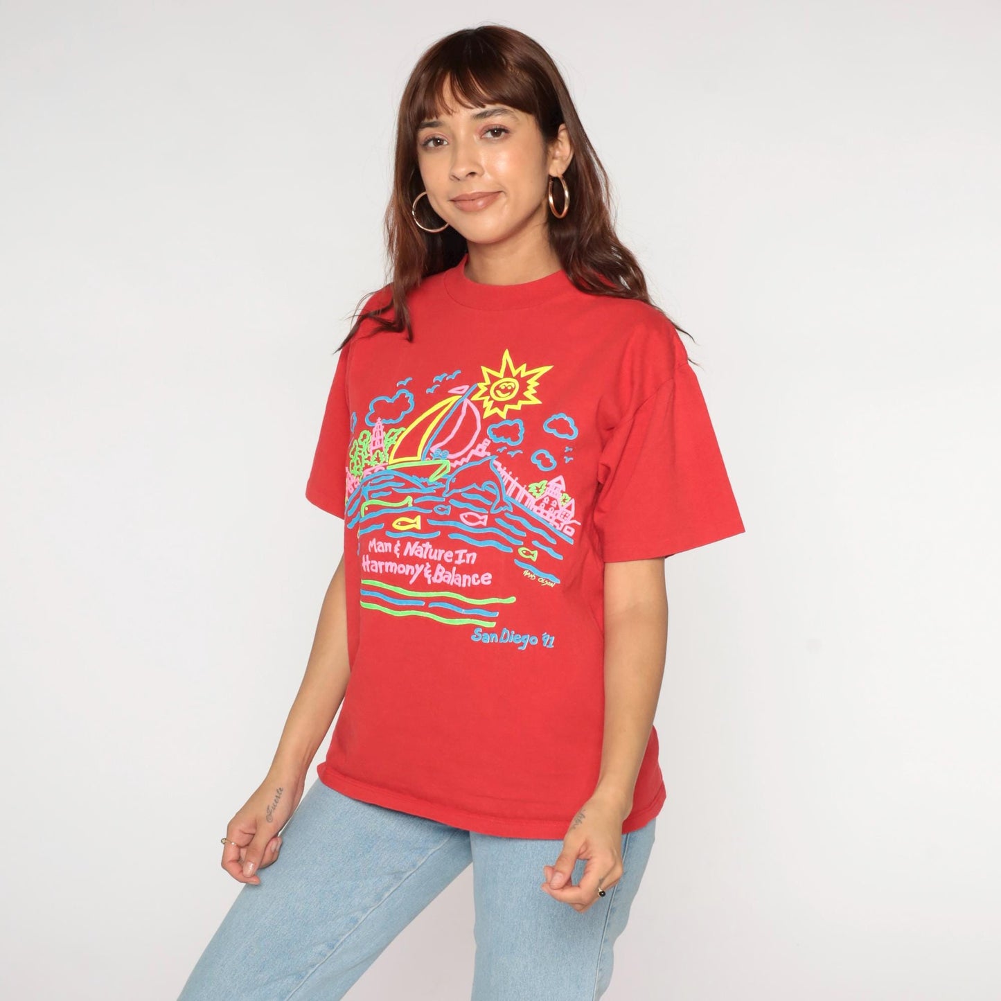 90s San Diego Graphic T-Shirt 1991 Neon Red Cotton Crewneck Medium