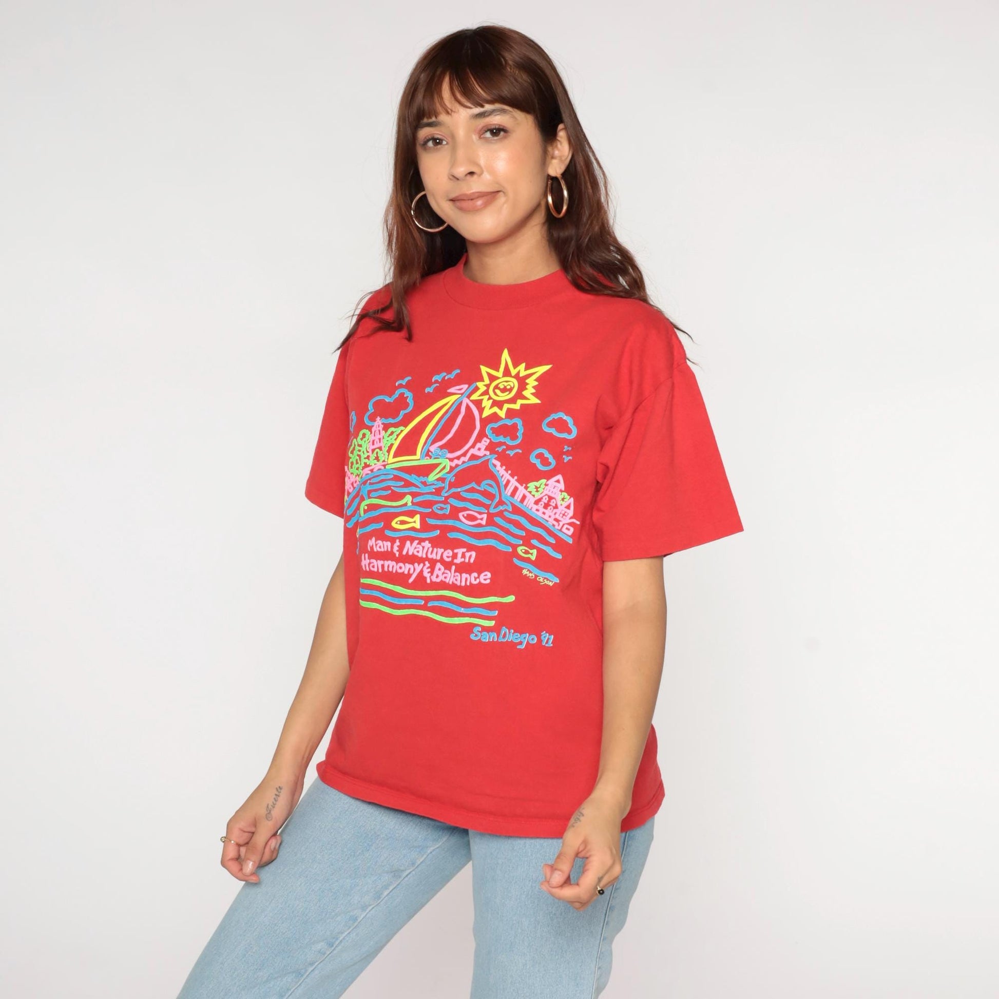 90s San Diego Graphic T-Shirt 1991 Neon Red Cotton Crewneck Medium
