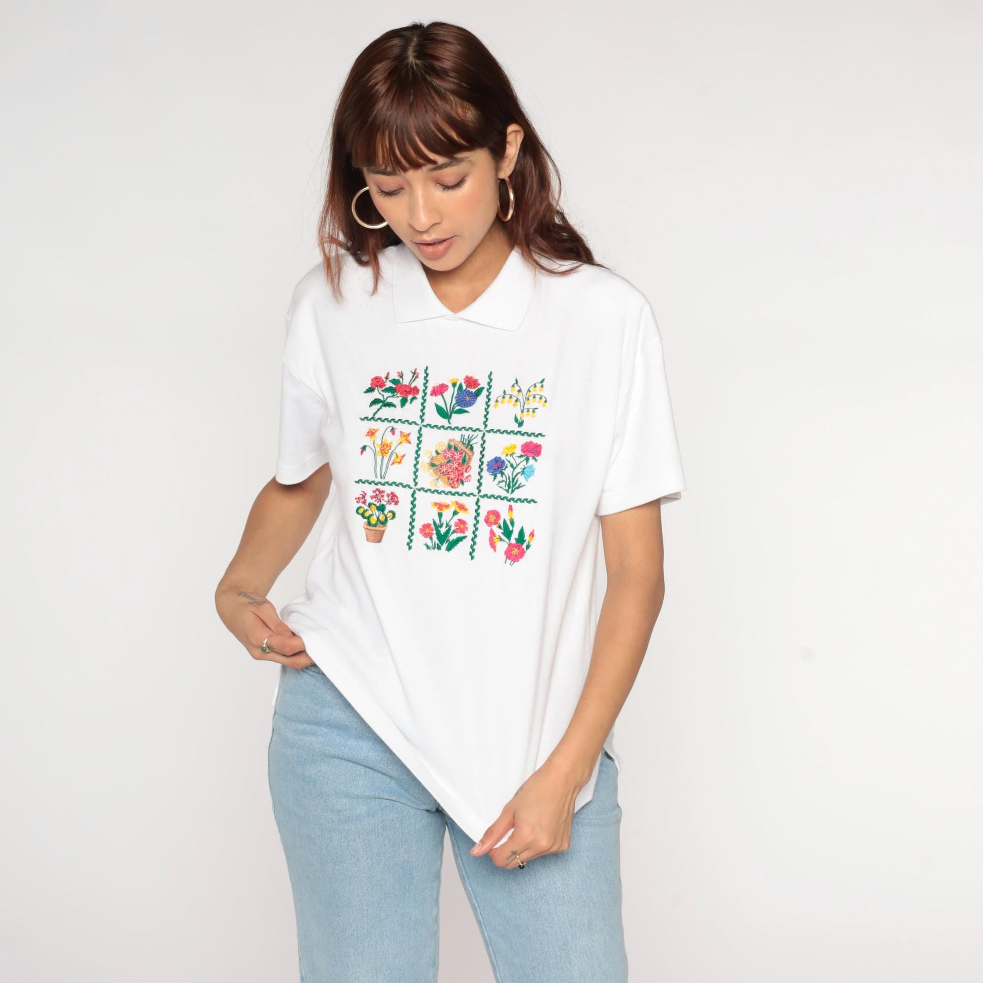 90s Jennifer Moore Petites Floral Embroidered Collared T-Shirt White Medium