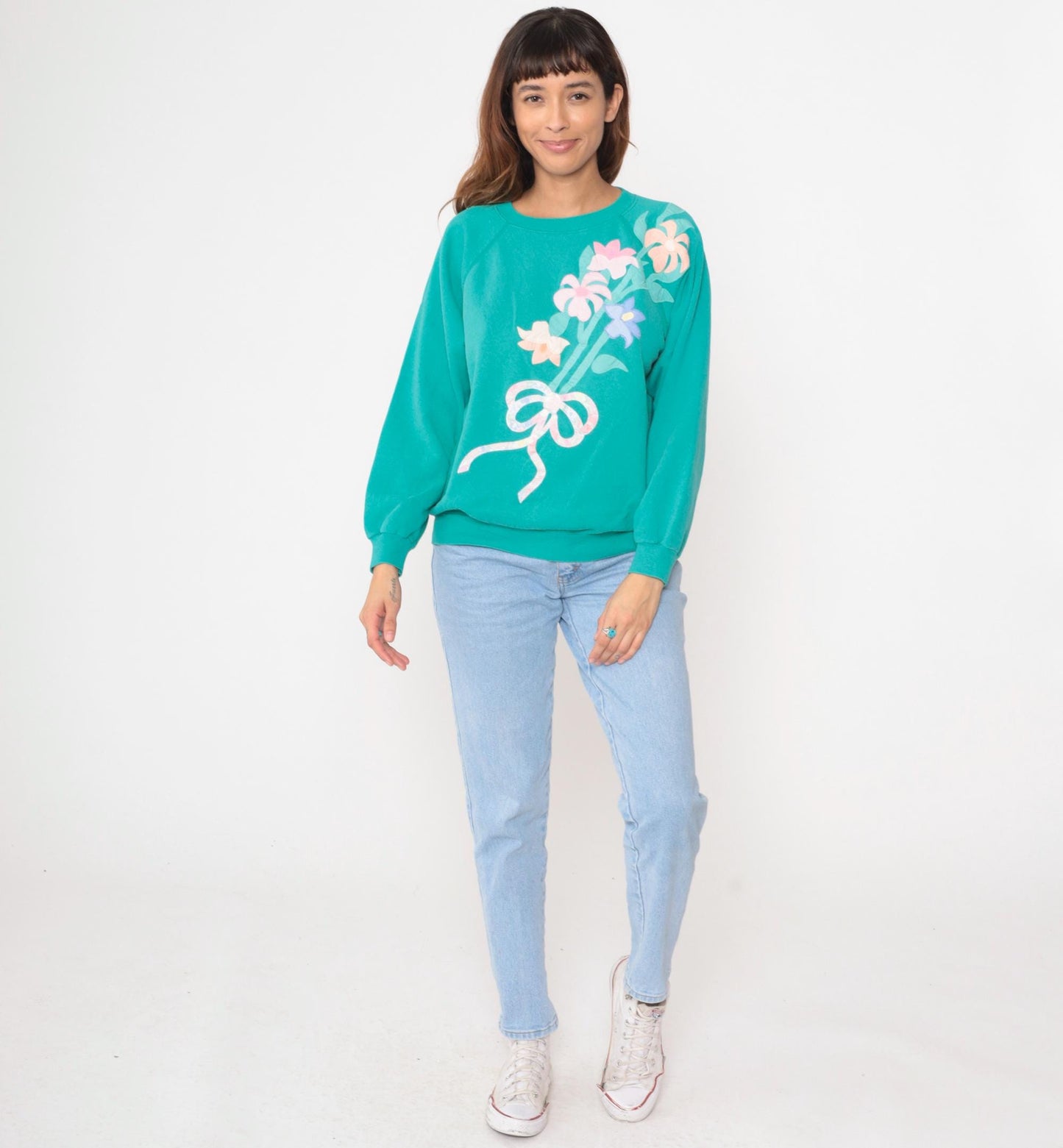 90s Creative Friends Floral Sweatshirt Turquoise Appliqué Crewneck Large L