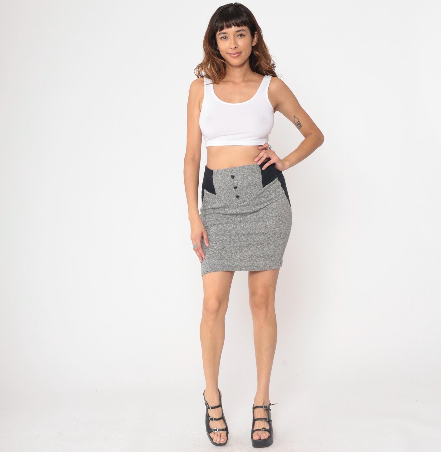 90s Grey Mini Skirt High Waist Heart Button Bodycon Small S
