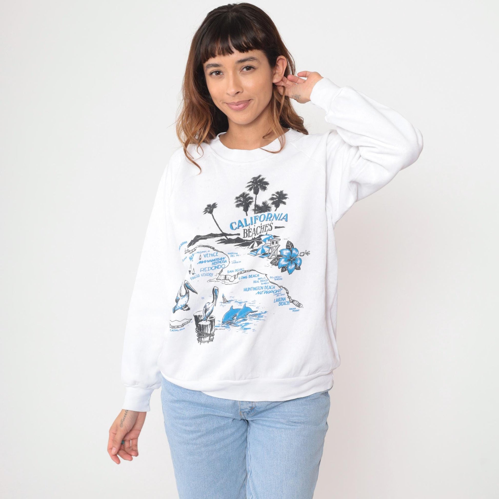 90s California Beaches Map Sweatshirt White Cotton Graphic Medium