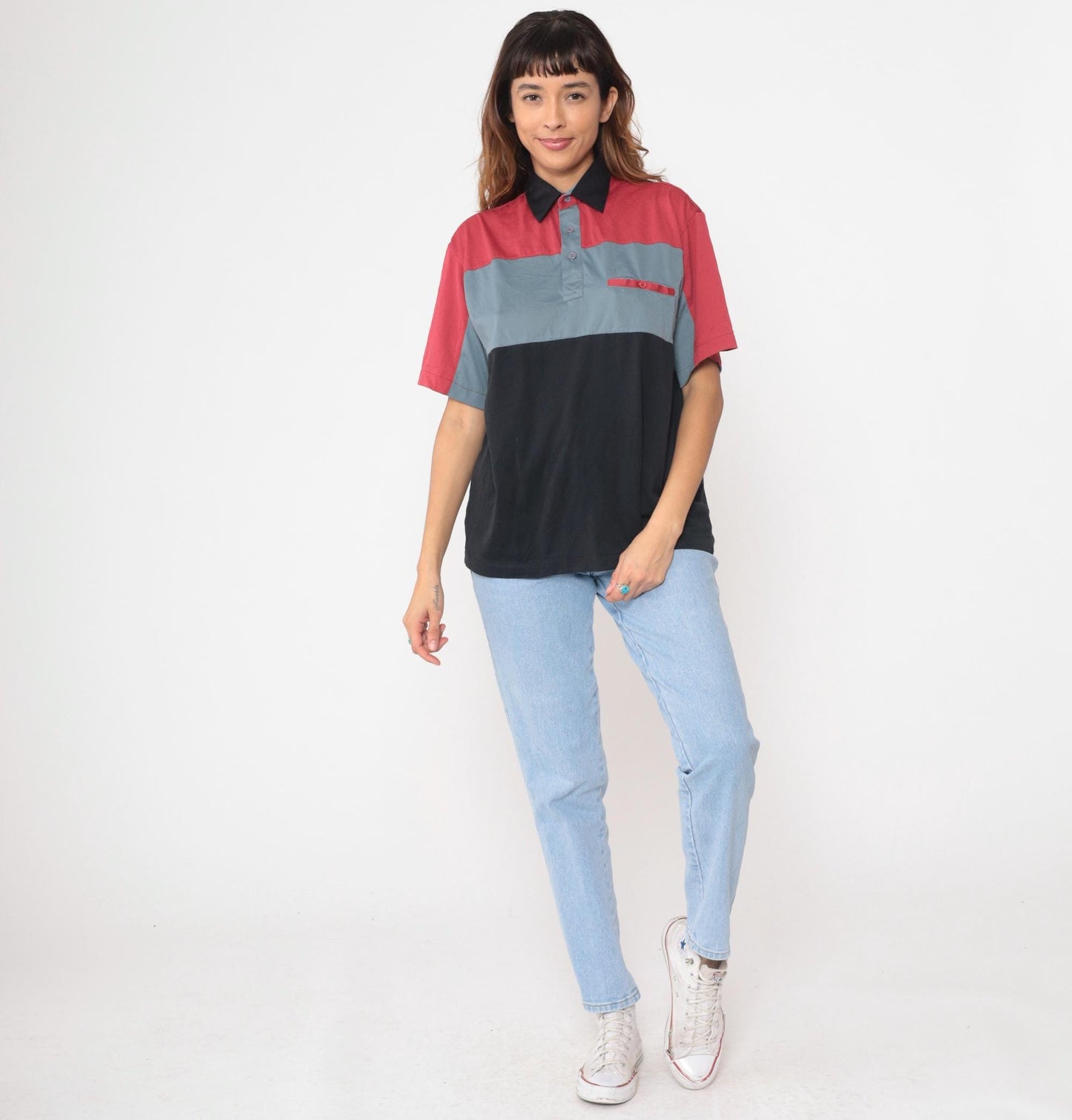 90s Color Block Polo Shirt Red Grey Black Horizontal Stripes Medium M