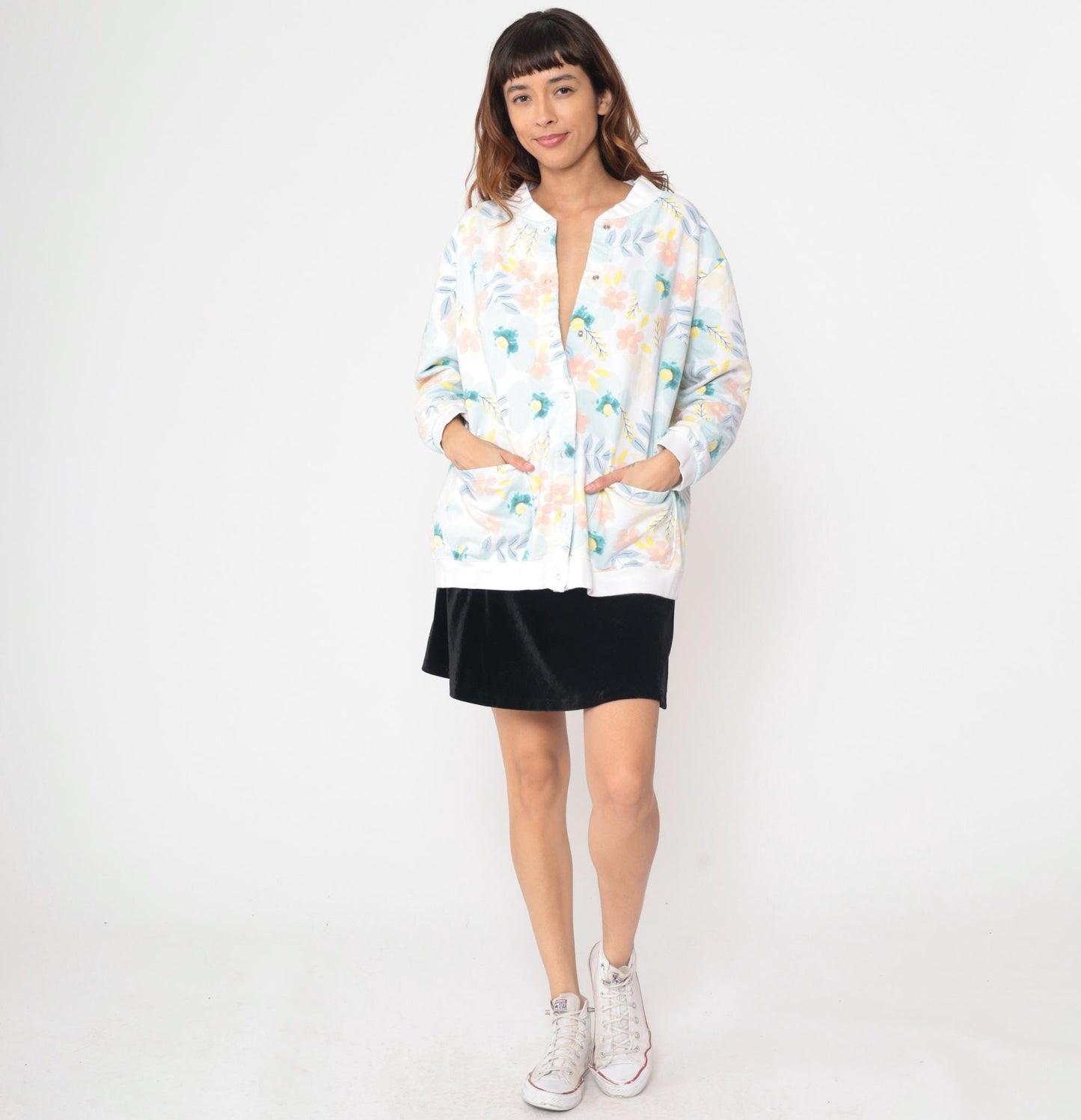 90s Floral Cardigan White Pink Blue Yellow Botanical Button Up XL