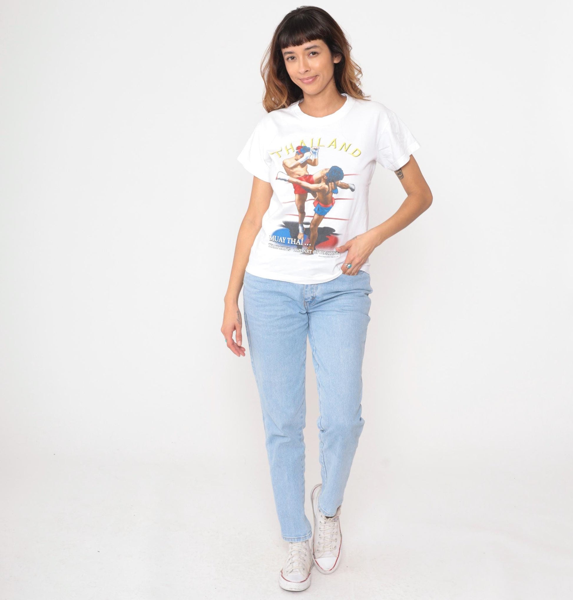 Y2K Thailand Muay Thai Boxing Graphic Tee White Cotton Medium M