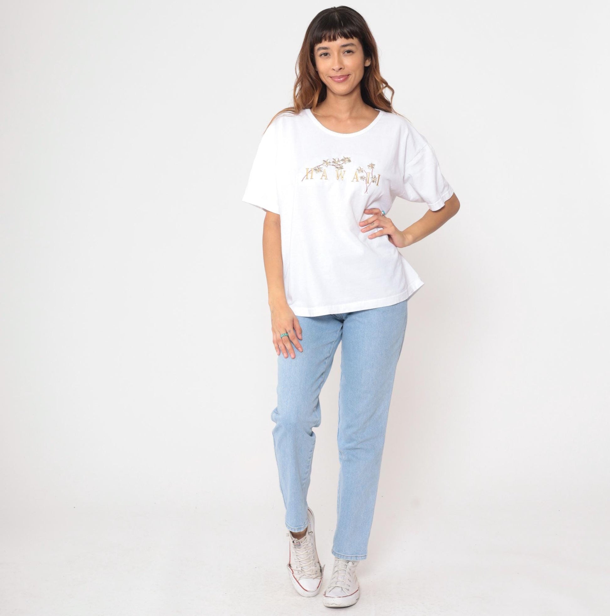 90s Hawaii White Cotton T-Shirt Embroidered Floral Graphic Extra Large XL
