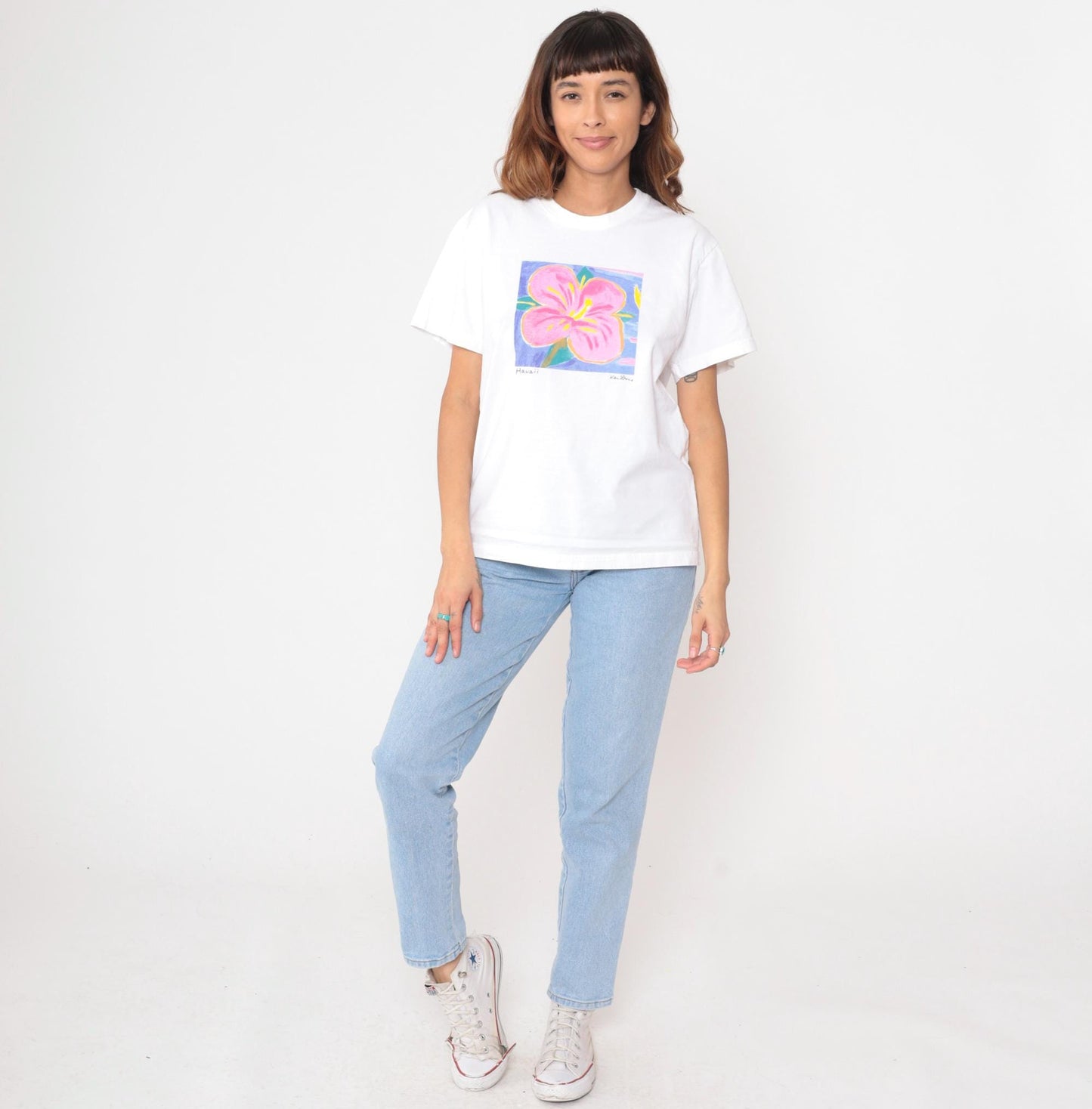 90s Hawaii Hibiscus Flower Graphic T-Shirt White Single Stitch Medium