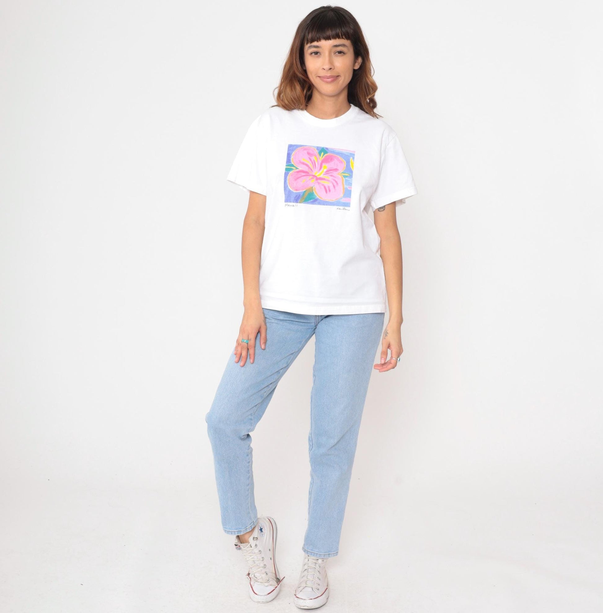 90s Hawaii Hibiscus Flower Graphic T-Shirt White Single Stitch Medium