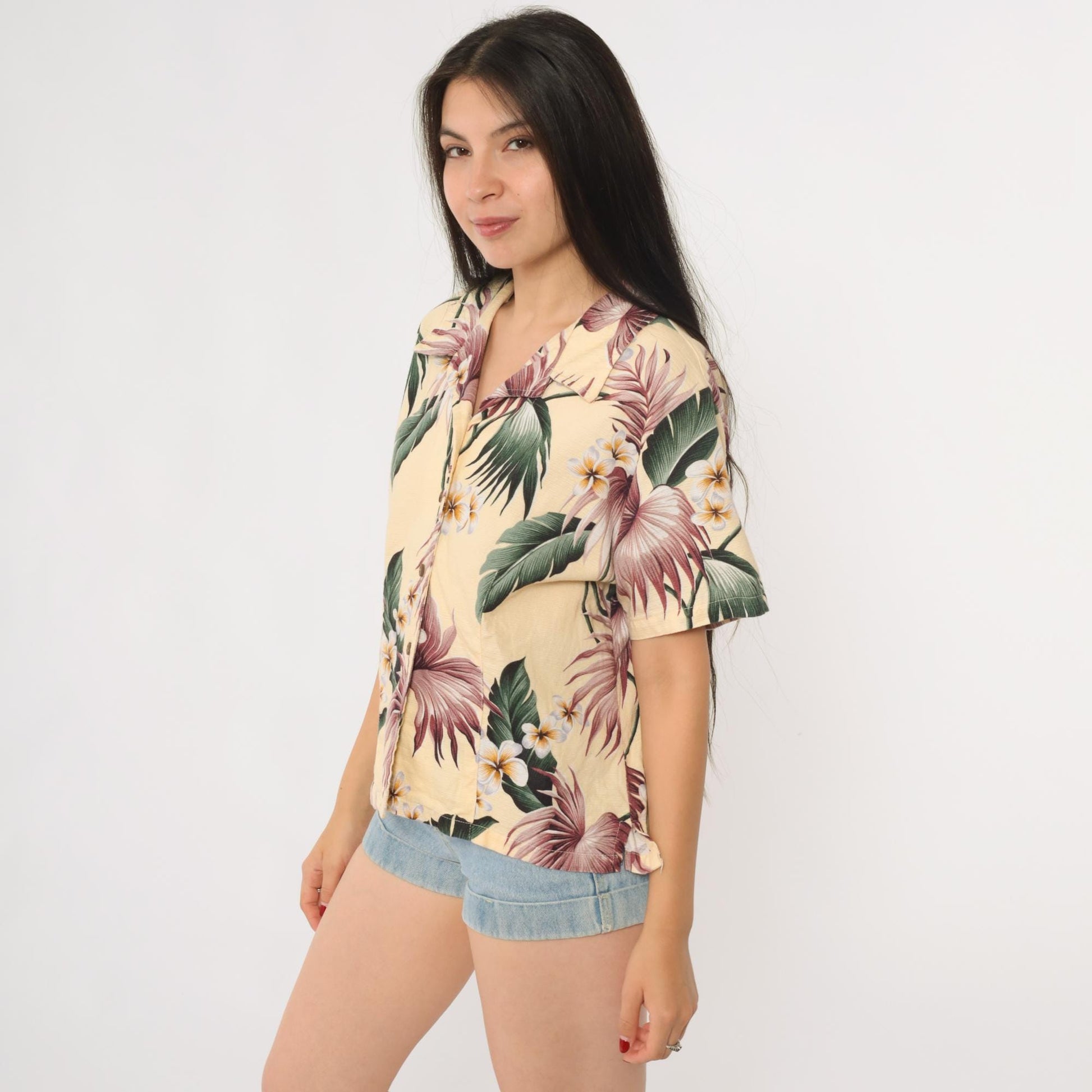 90s Kona Malia Hawaiian Aloha Shirt Yellow Plumeria Floral Cotton Extra Small