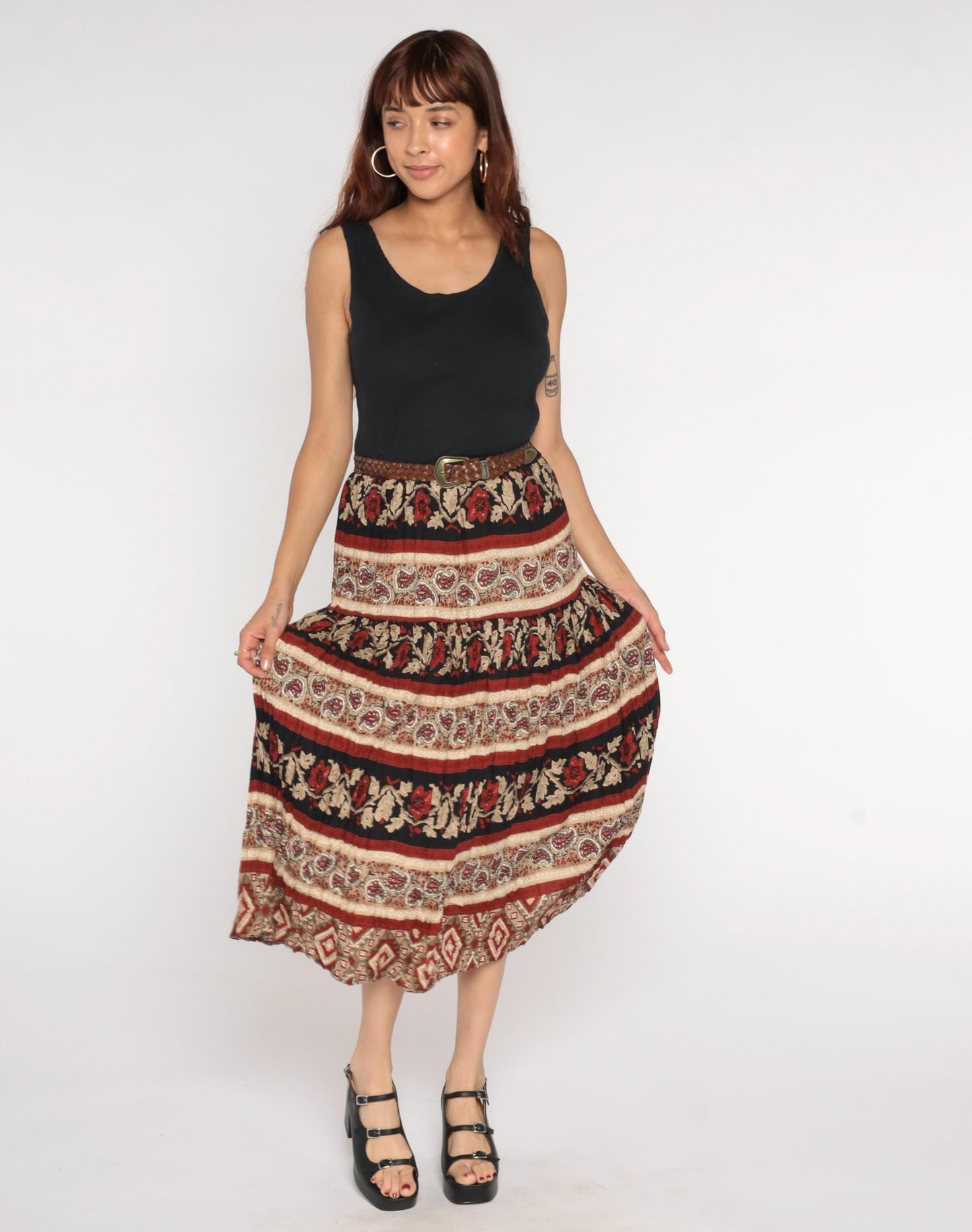 90s Black Floral Paisley Broomstick Midi Dress High Waist Sleeveless Medium