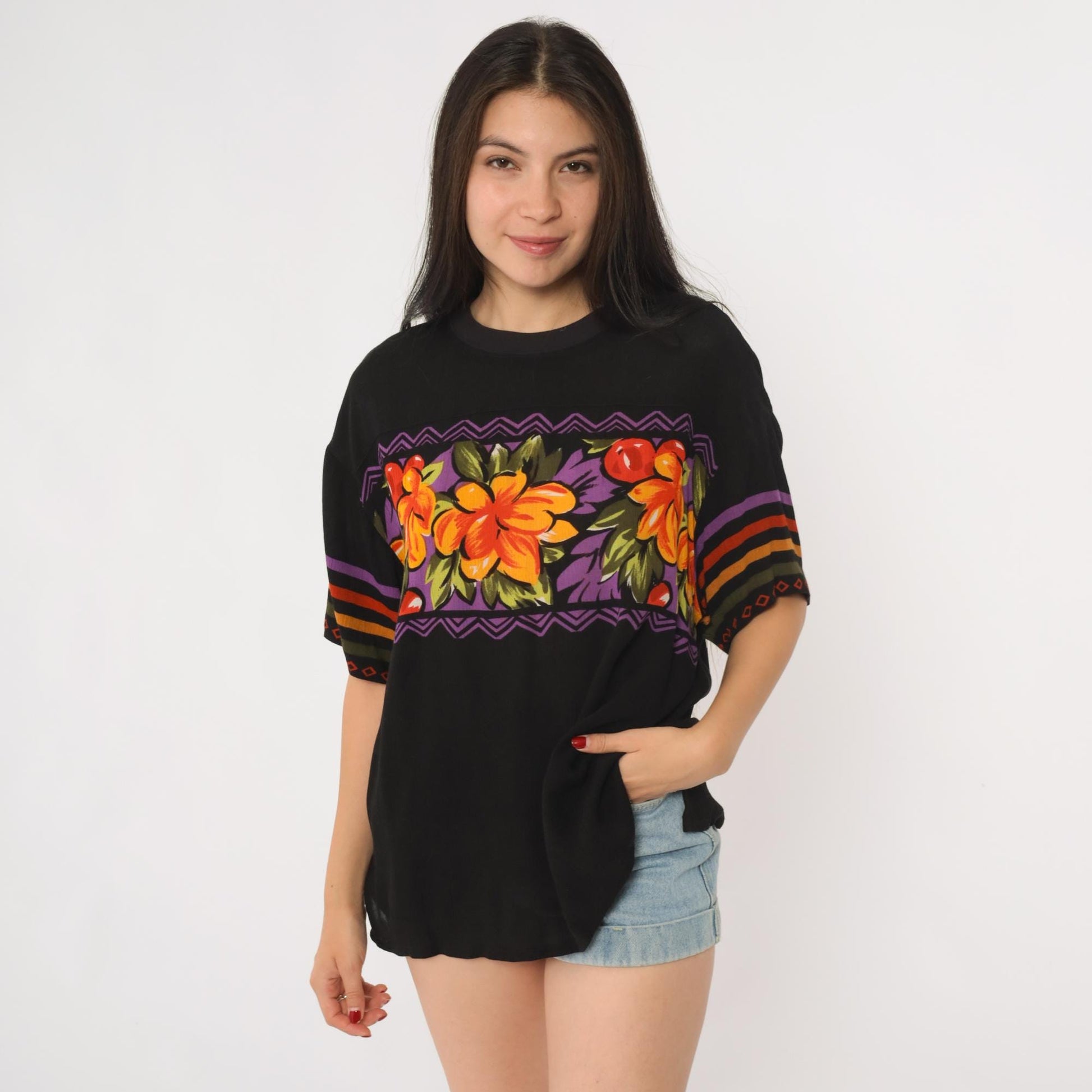 90s SK & Company Hawaiian Shirt Black Rayon Floral Orange Purple Large L