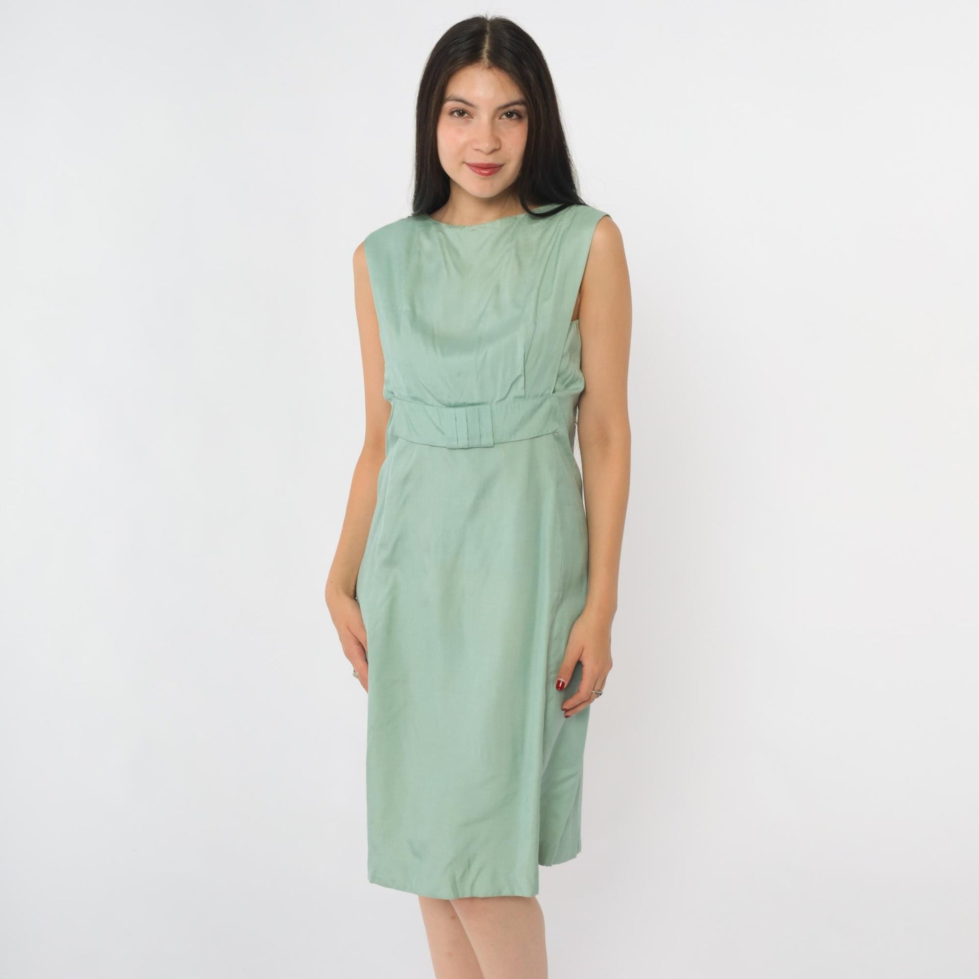 1960s Green Empire Waist Sheath Dress Sleeveless Knee Length Extra Small