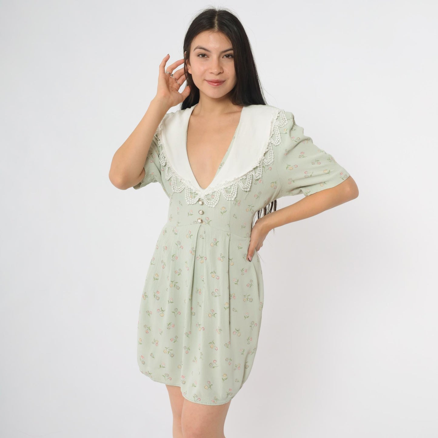 90s S.L. Fashions Sage Green Babydoll Dress Floral Lace Collar Puff Sleeves Large L