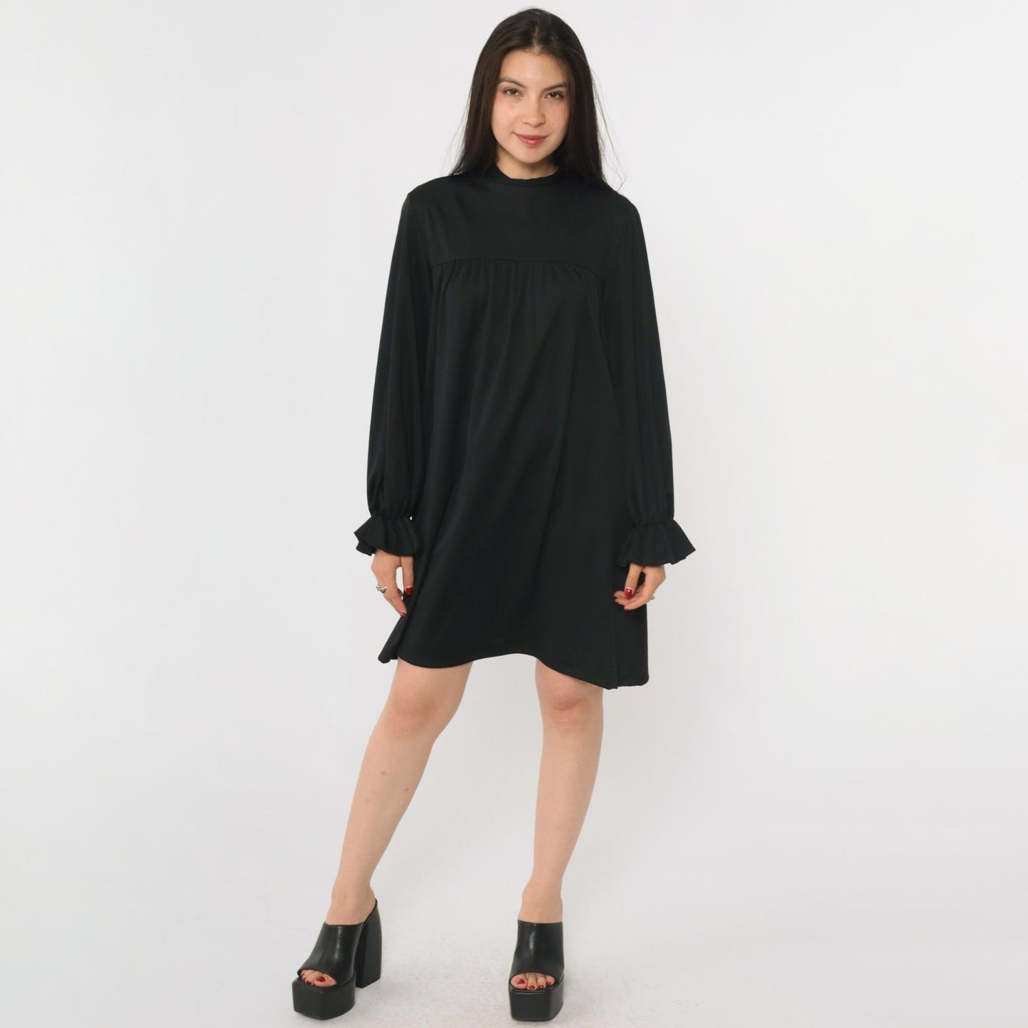 70s Black Tent Mini Dress Mock Neck Ruffled Long Sleeve Small