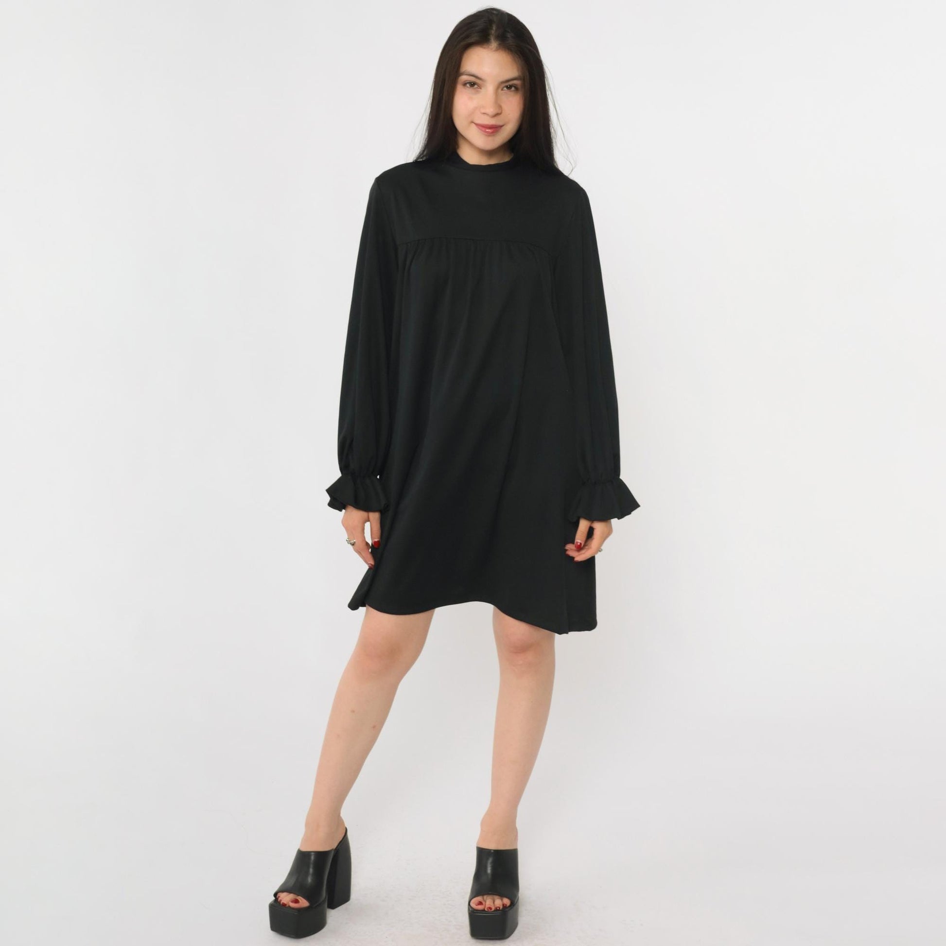 70s Black Tent Mini Dress Mock Neck Ruffled Long Sleeve Small