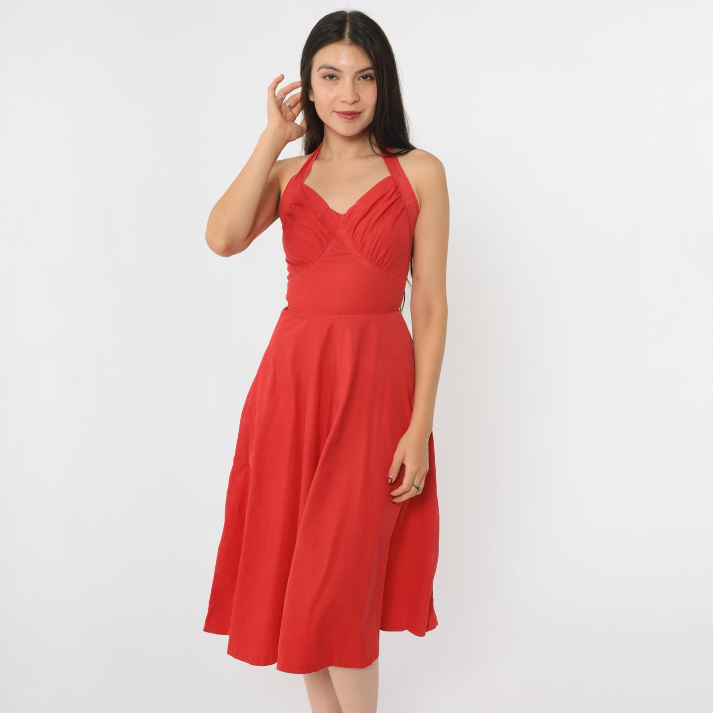 1950s Red Halter Sweetheart Midi Dress Full Skirt XXS