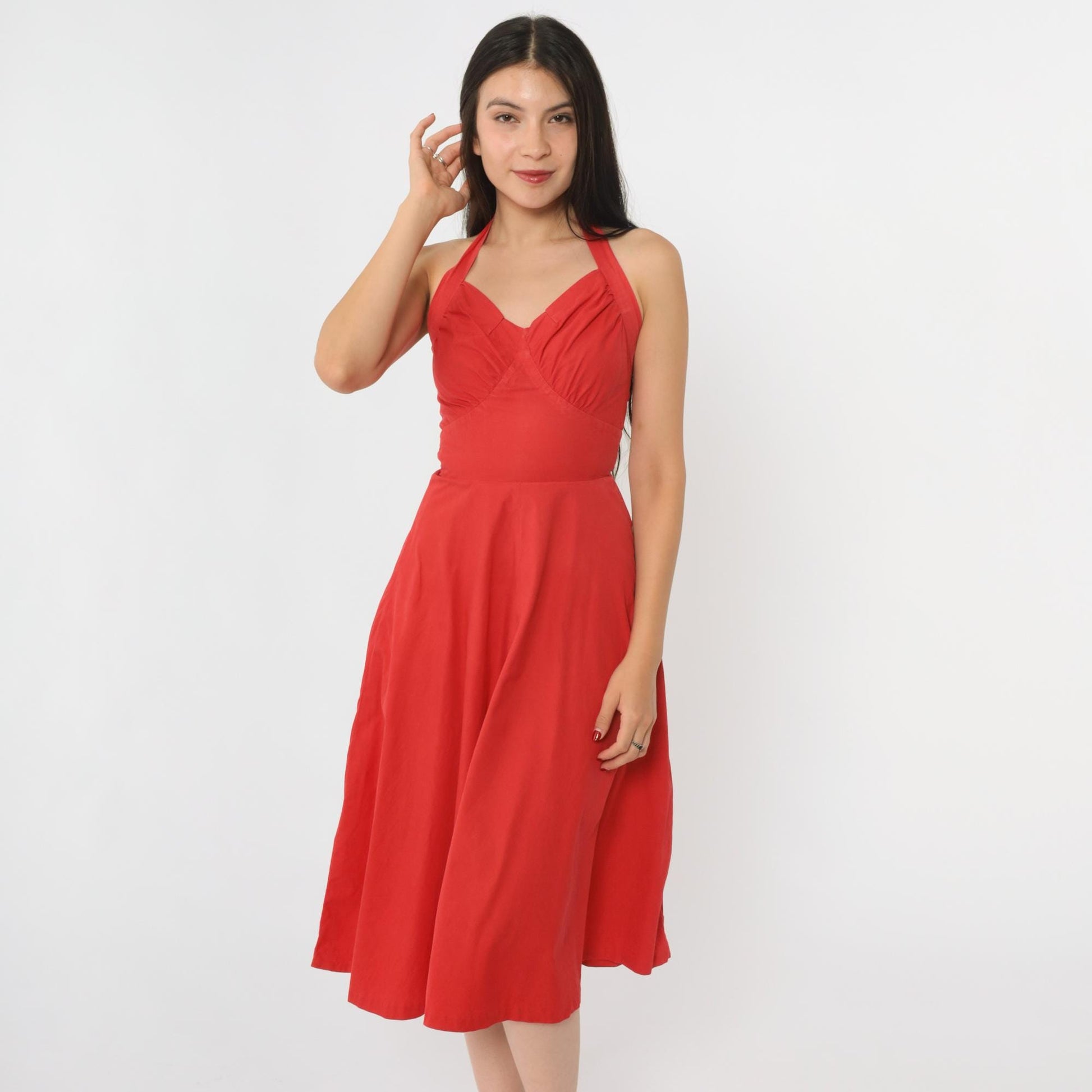 1950s Red Halter Sweetheart Midi Dress Full Skirt XXS
