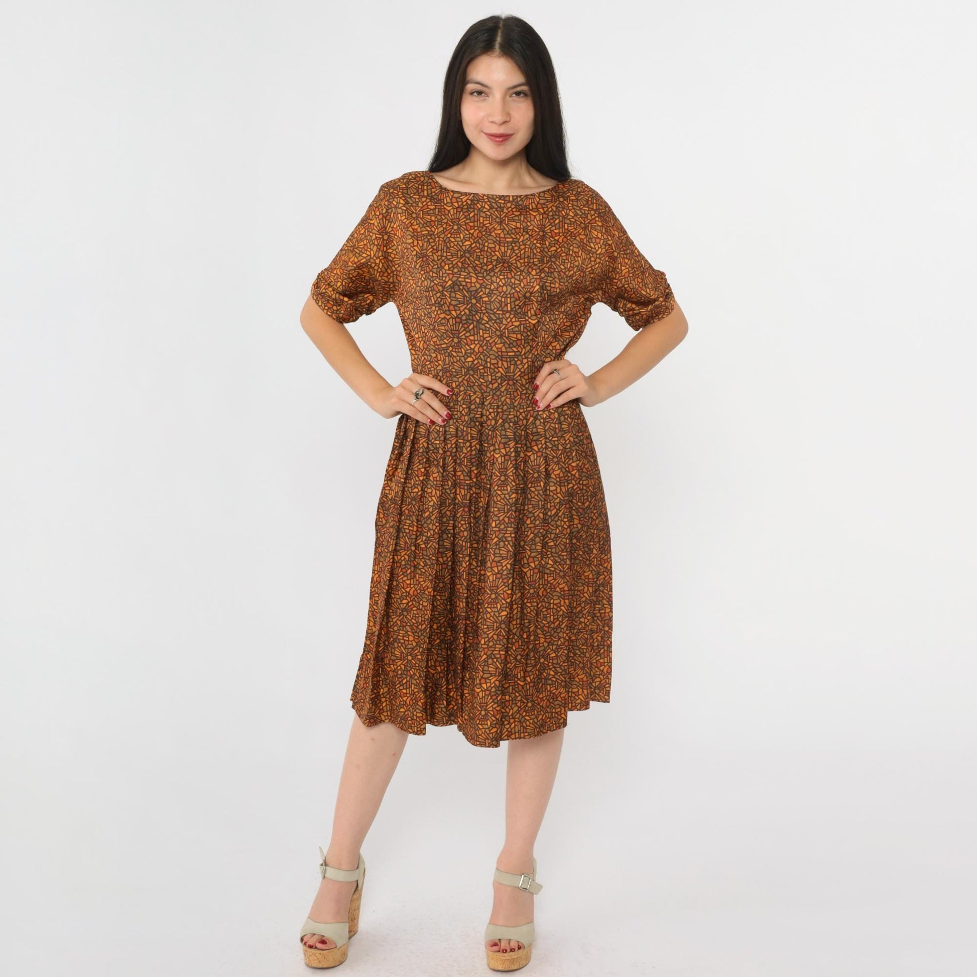 60s Geometric Mosaic Print Dress Brown Orange Bateau Neckline Midi Small