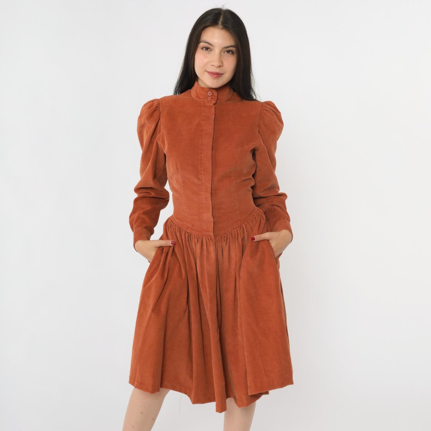 80s Rust Corduroy Midi Dress High Neck Puff Sleeve Fitted Waist Small