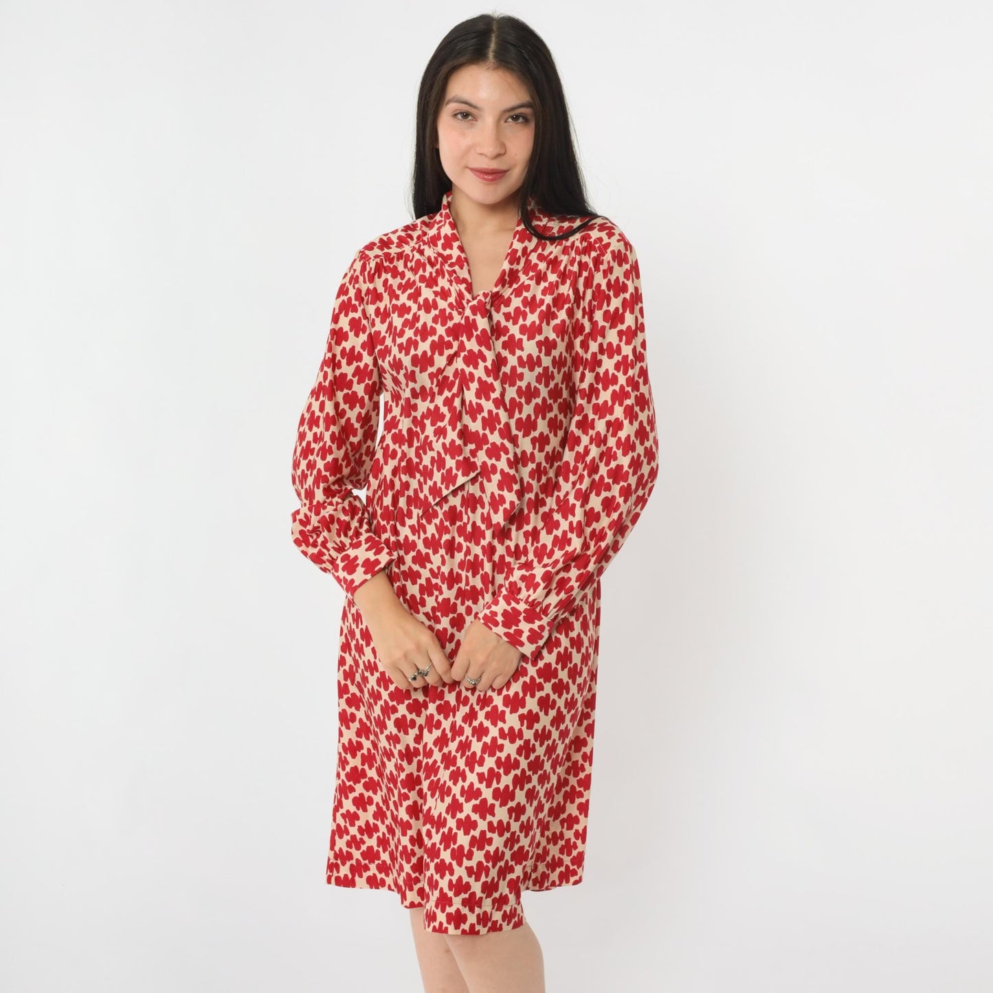 1970s Ascot Shift Dress Red Geometric Print Mini White Long Sleeve Medium Large