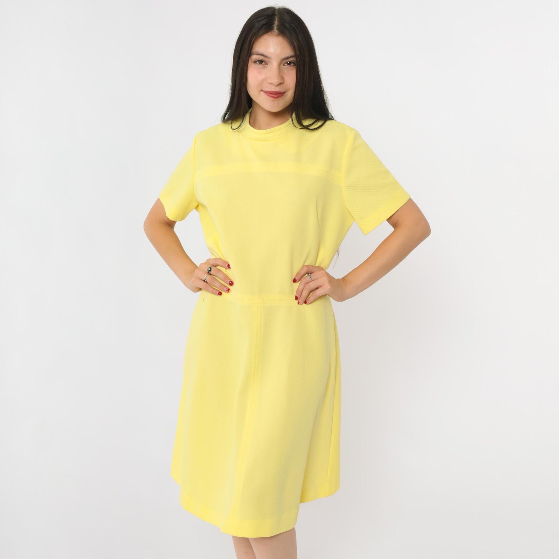60s Yellow Mod Dress High Waist Ribbed Knit Knee Length Short Sleeve Large