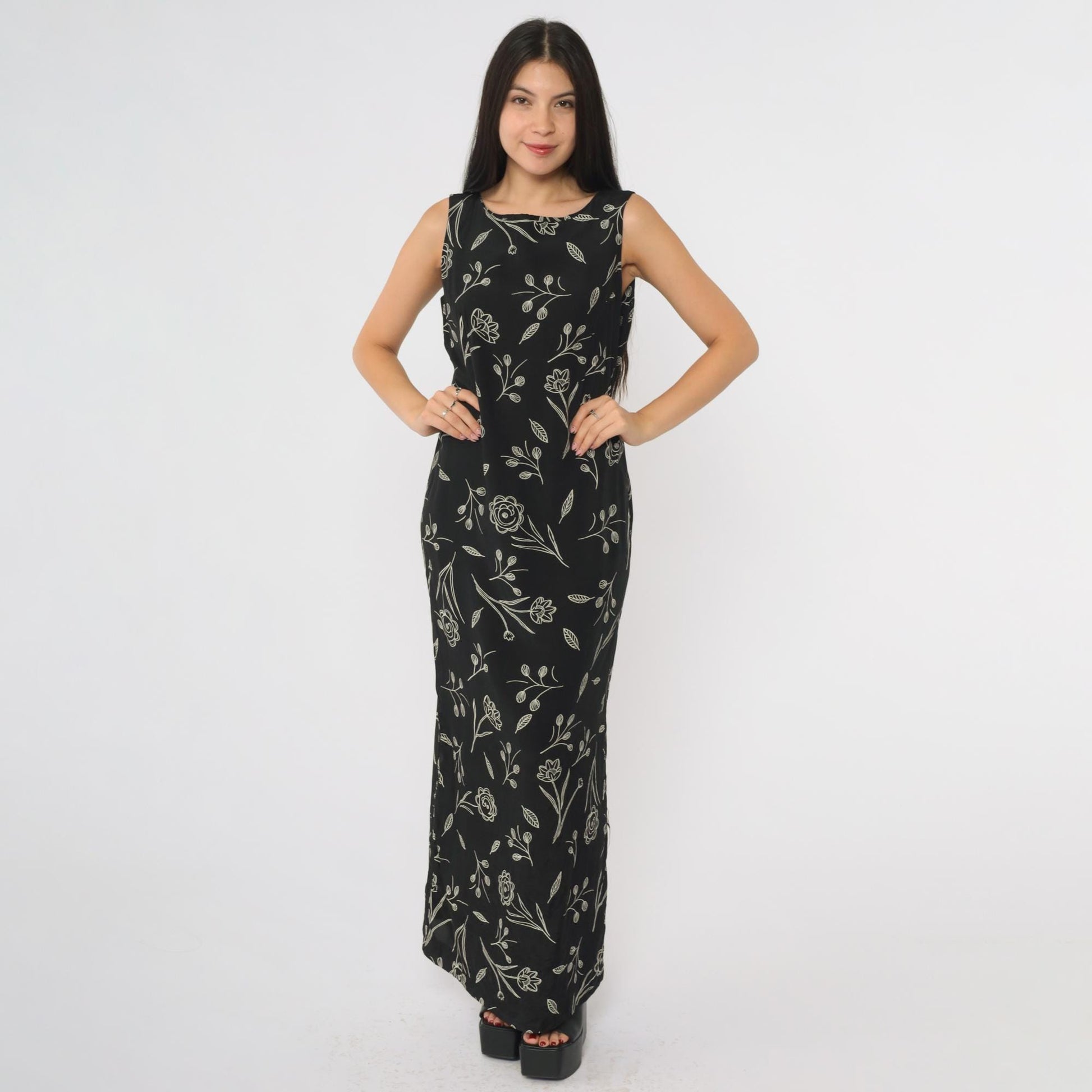 90s Campbell Black Maxi Dress Botanical Line Drawing Rayon Small