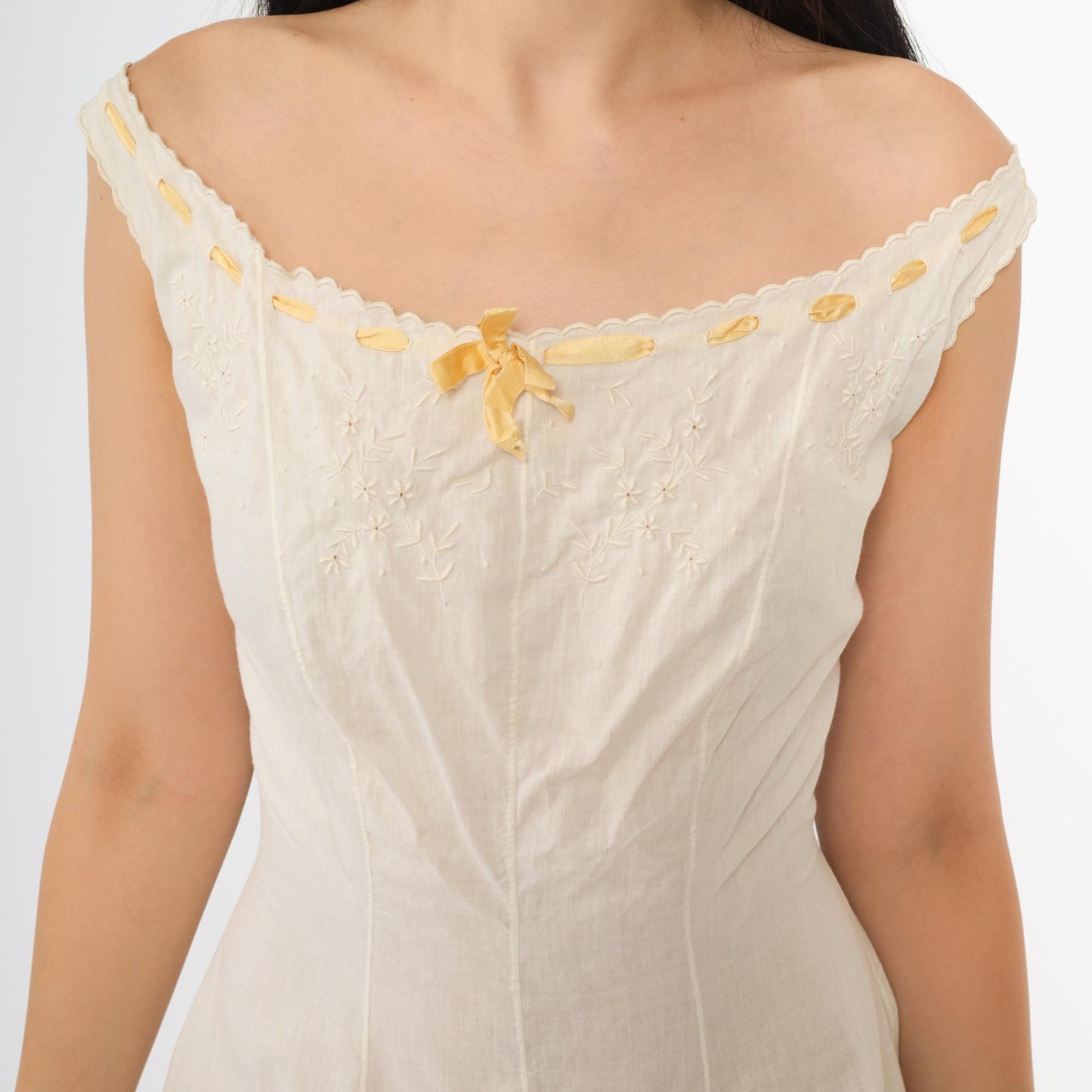 1930s White Cotton Step-In Chemise Embroidered Yellow Ribbon Trim Extra Small XS