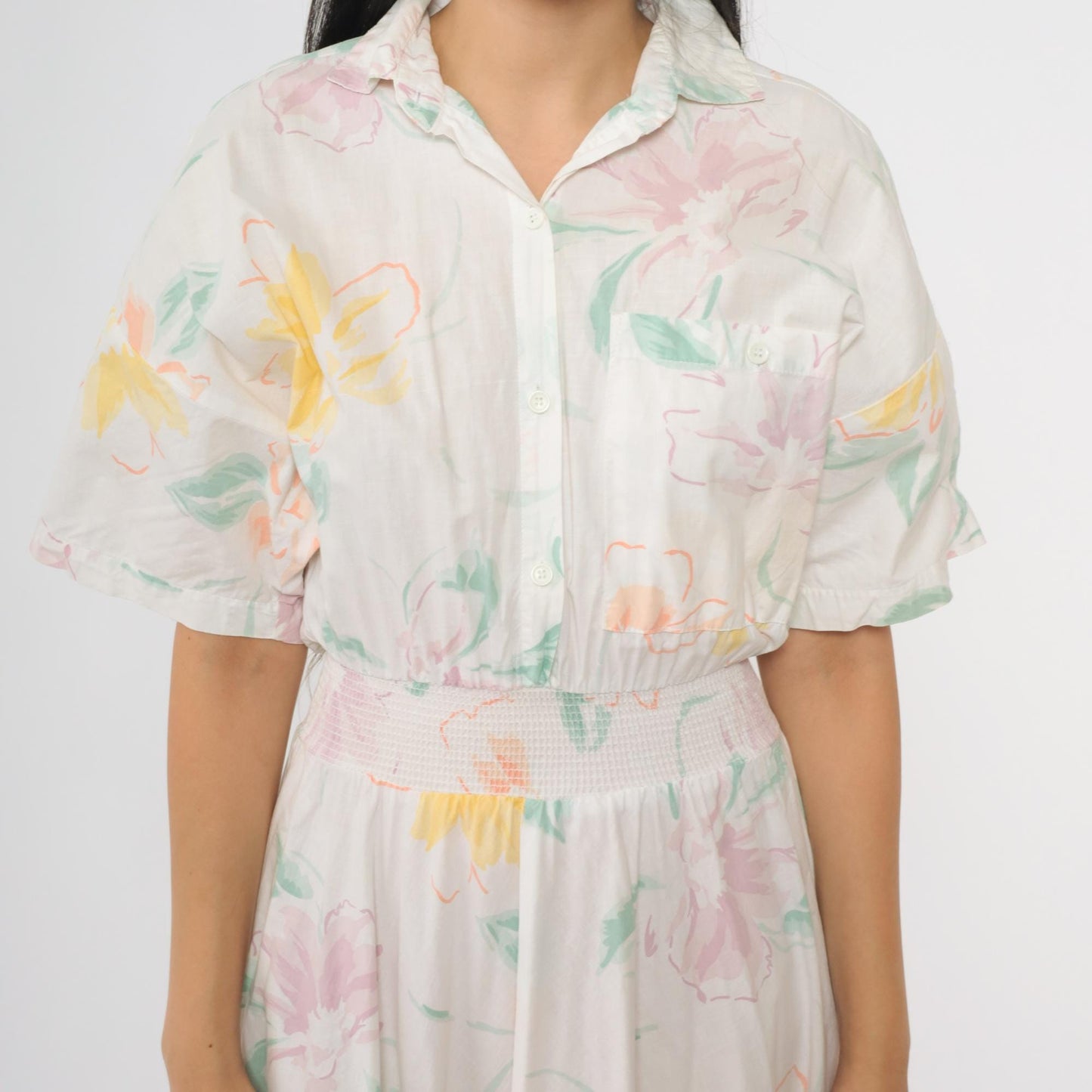 80s Carol Anderson Floral Midi Dress Pastel Watercolor Smocked Waist Small
