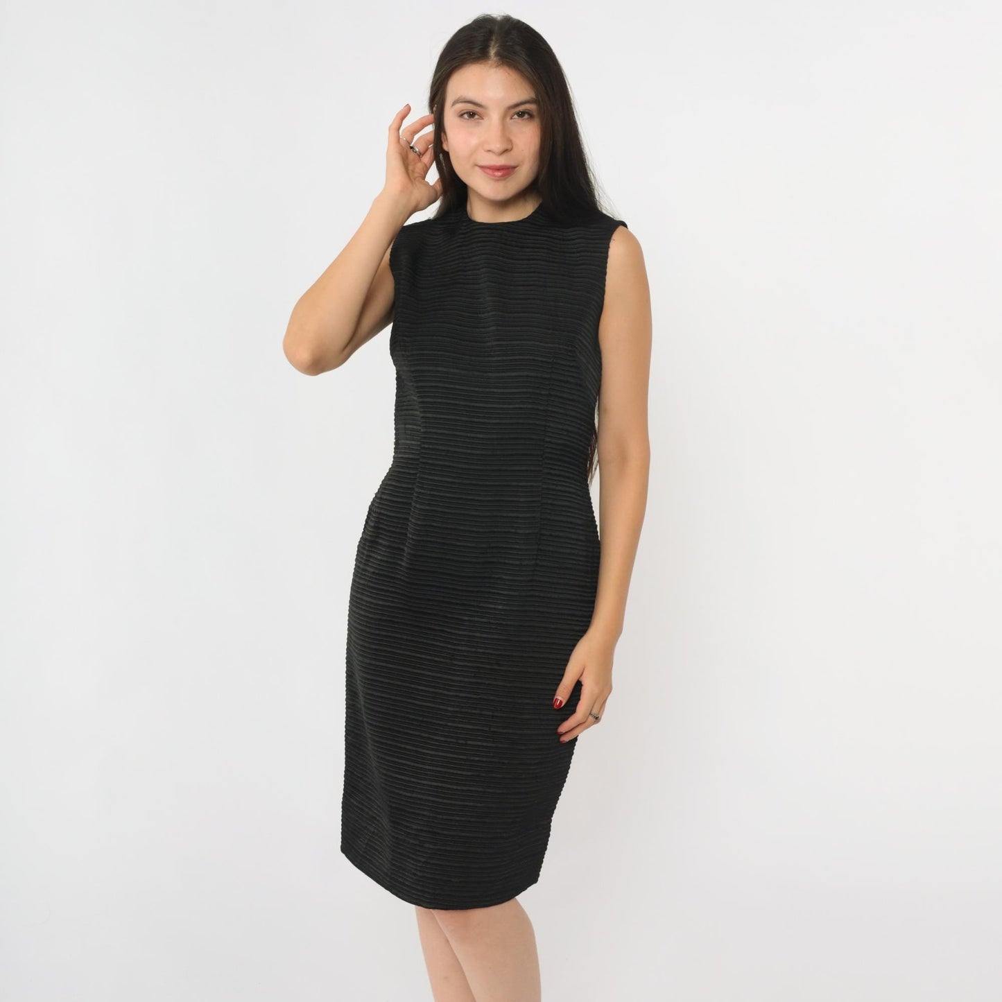 60s Black Ribbed Sheath Dress Sleeveless Knee Length Cocktail Extra Small XS