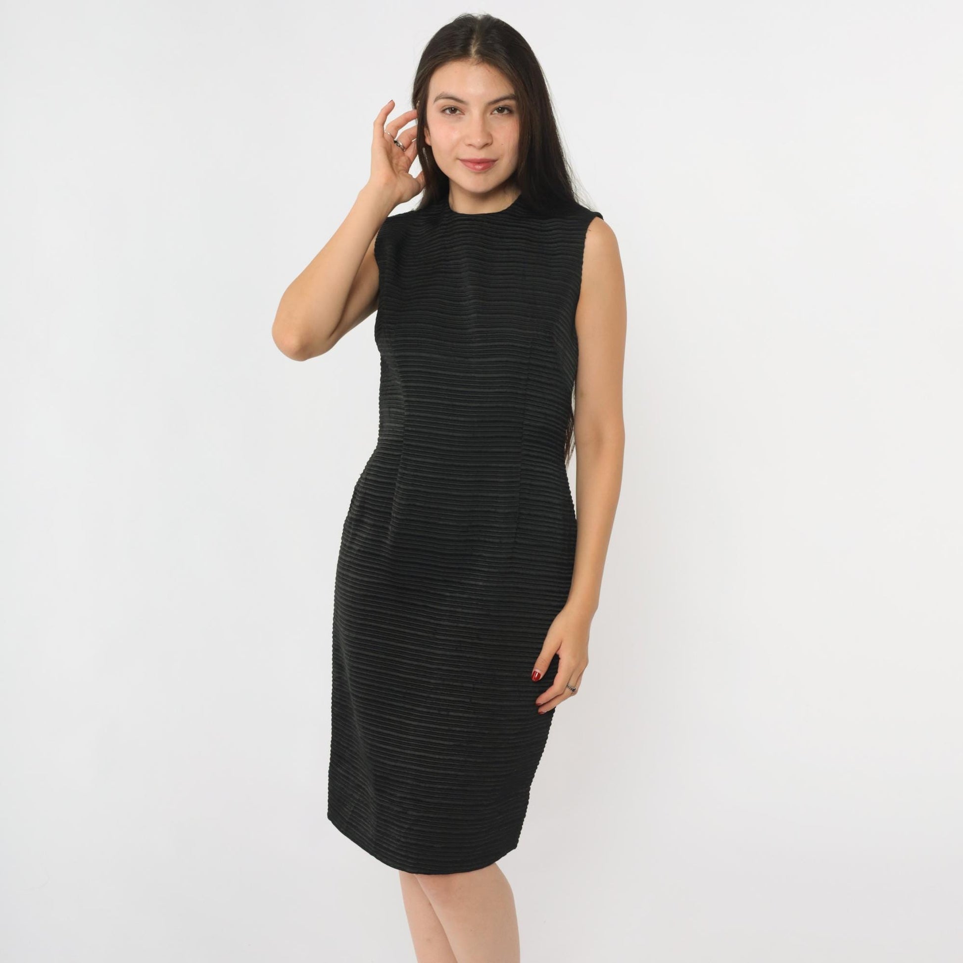 60s Black Ribbed Sheath Dress Sleeveless Knee Length Cocktail Extra Small XS