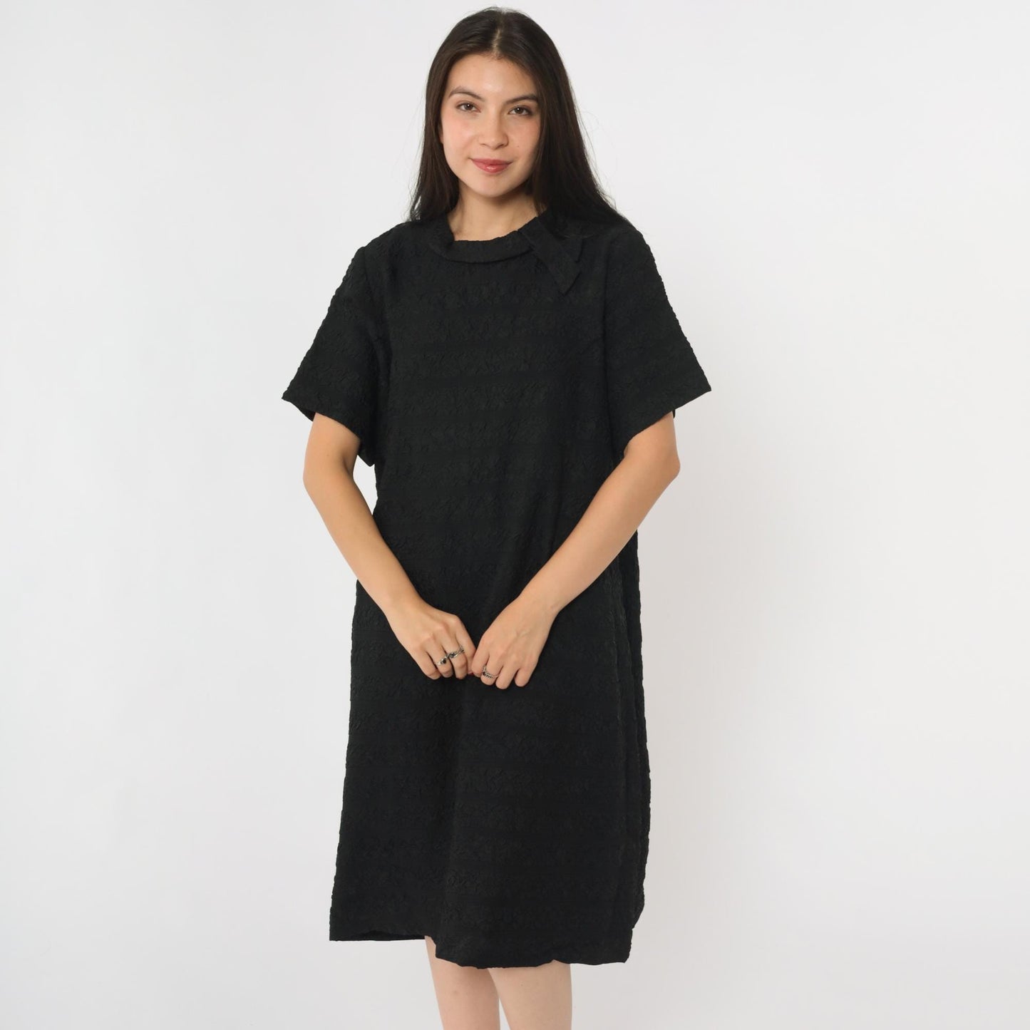 1960s Black Shift Dress Fold-Over Collar Knee Length Extra Large XL