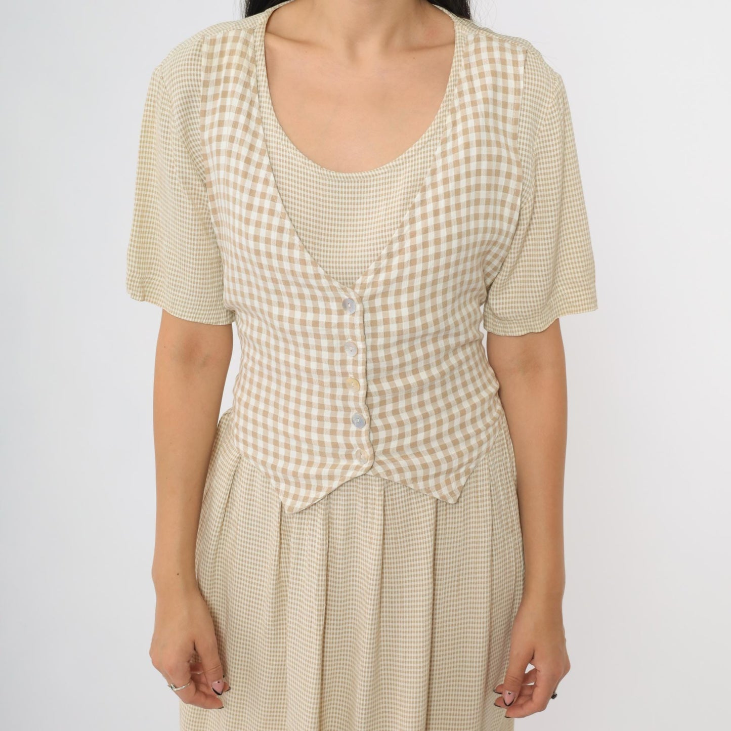 90s Ultra Dress Tan Gingham Maxi Dress Button Front Vest Set Large 12