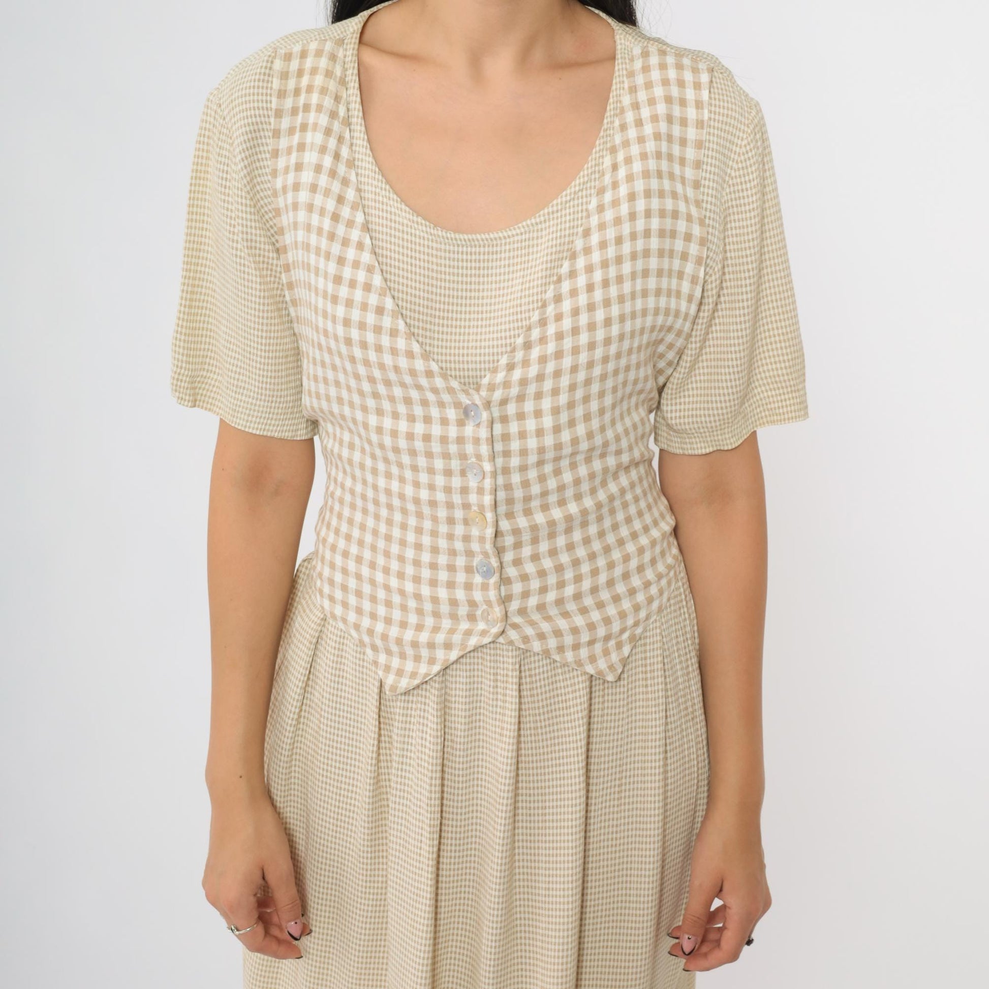 90s Ultra Dress Tan Gingham Maxi Dress Button Front Vest Set Large 12